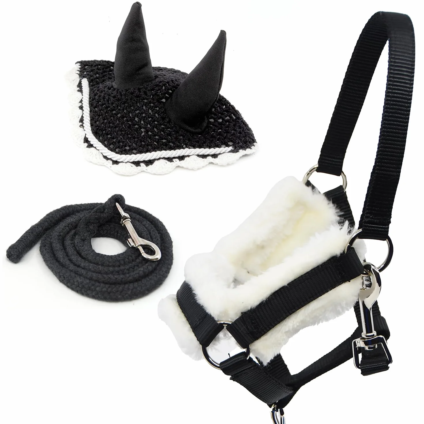 Hobby Horse Black Moumoute Halter Akcesory ze smyczą i czapką zabezpieczającą przed owadami, czarno-białe, do hobbystów, dla koni, rozmiar A4/A3