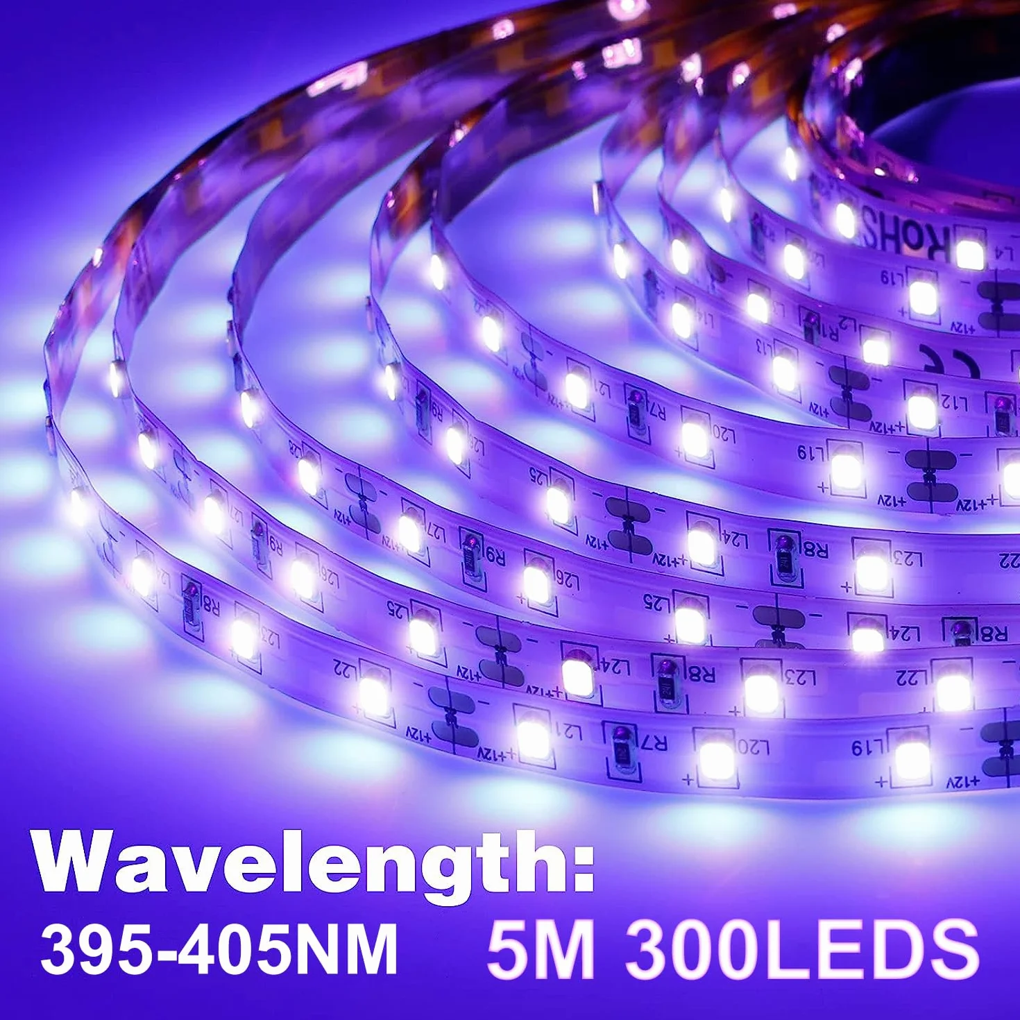 Eleganted Taśma LED UV 5 m, czarne światło, z zasilaczem, 12 V, elastyczna taśma 300 diod LED, samoprzylepna, 2835, listwa świetlna UV, na imprezę, do baru, neonowego koloru, klubu, dyskoteki,