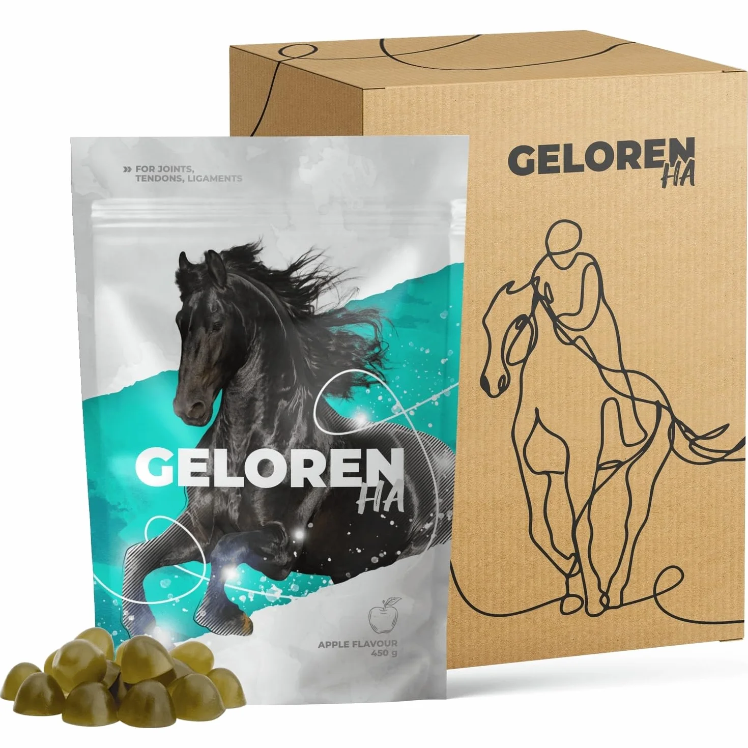 Dodatki dla koni do stawów HA - kwas hialuronowy - naturalne kostki żelowe dla koni, do zaopatrywania więzadeł i stawów, jabłko, 3 x 450 g