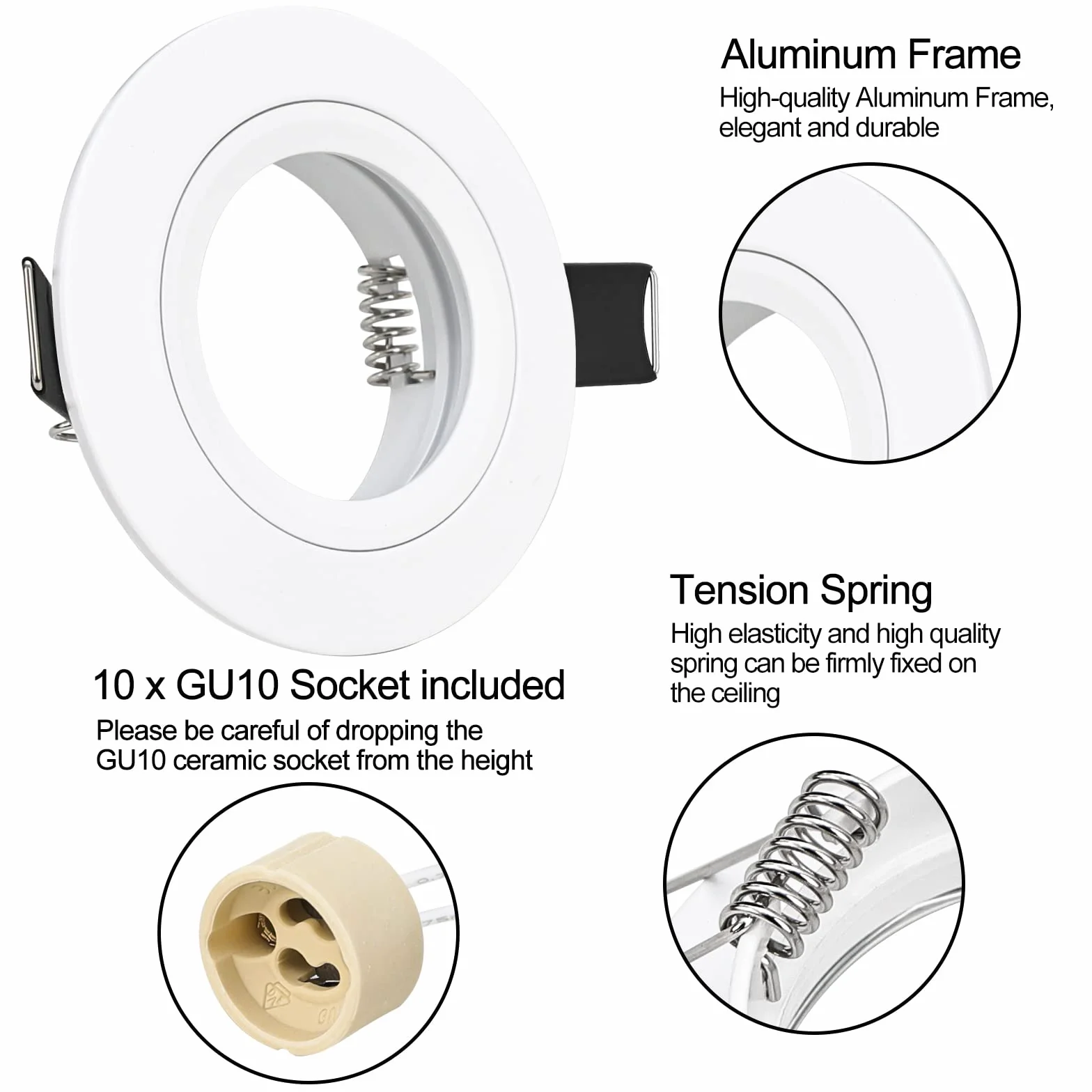 10x Reflektor wpuszczany GU10 biały aluminium, reflektory rama montażowa z gniazdem GU10, okrągły uchwyt wpuszczany bardzo płaski sufit do lamp LED lub halogenowych, otwór montażowy ø65mm