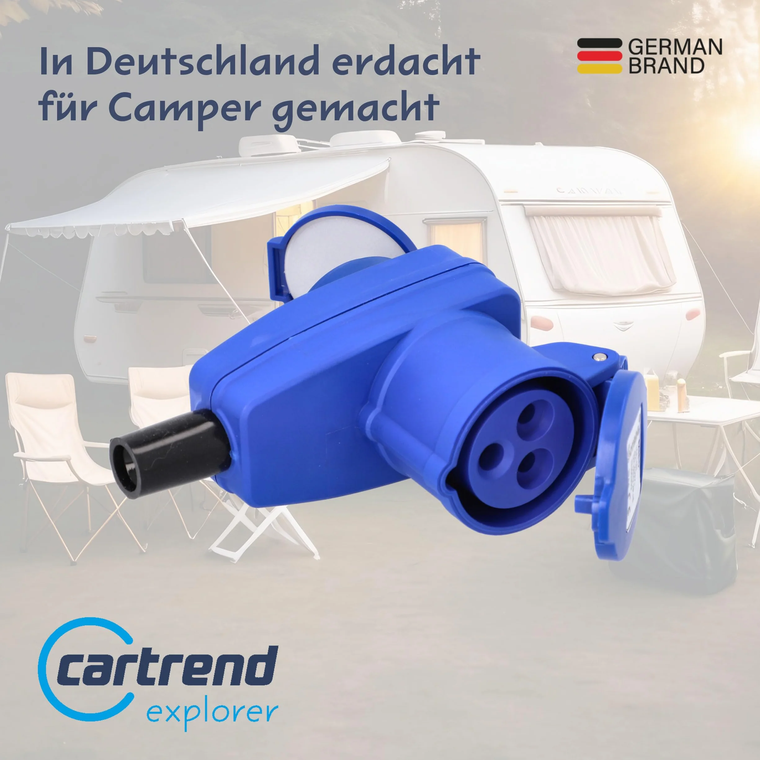 cartrend Explorer CEE sprzęgło kątowe 3-biegunowe i gniazdko ze stykiem ochronnym z pokrywą na zawiasach, na kemping, do przyczep kempingowych, przyczep kempingowych, ochrona przed wilgocią, IP44,