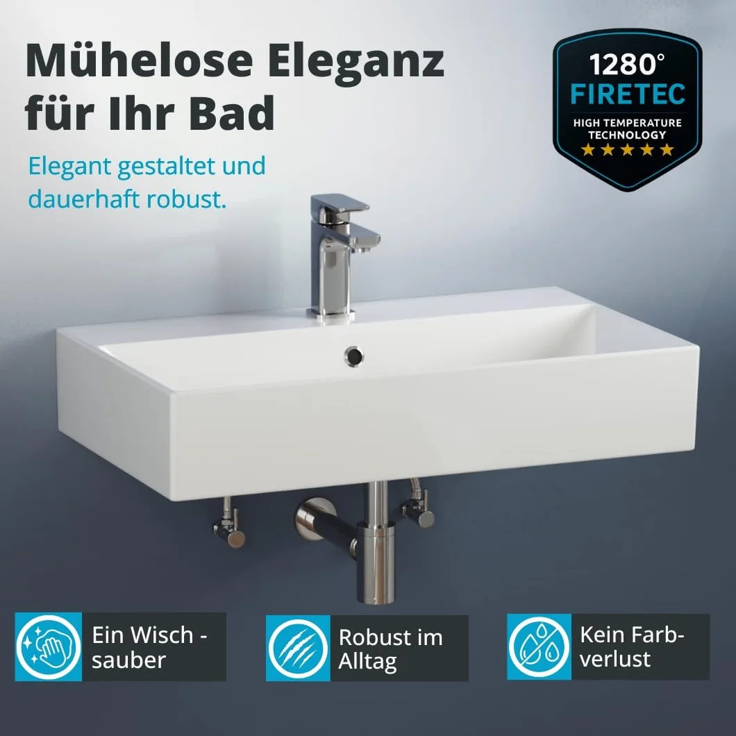 Aqua Bagno umywalka prostokątna 70 cm ceramiczna biały połysk z otworem na baterię i przelewem