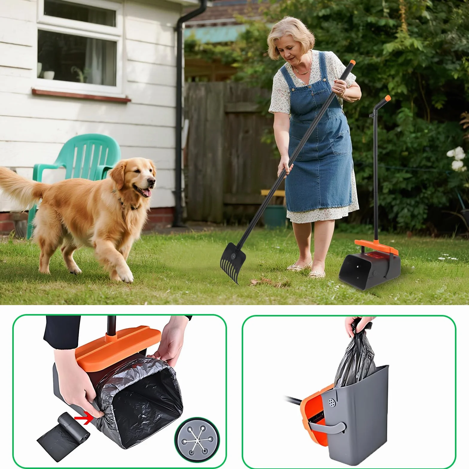 Pooper Scooper, duży obrotowy kosz na odchody dla psów z pokrywką, 117 cm, regulowana, długa rączka, z workami na odpady, odpady dla zwierząt domowych, do ogrodu, na podwórko, trawę, brud lub żwir