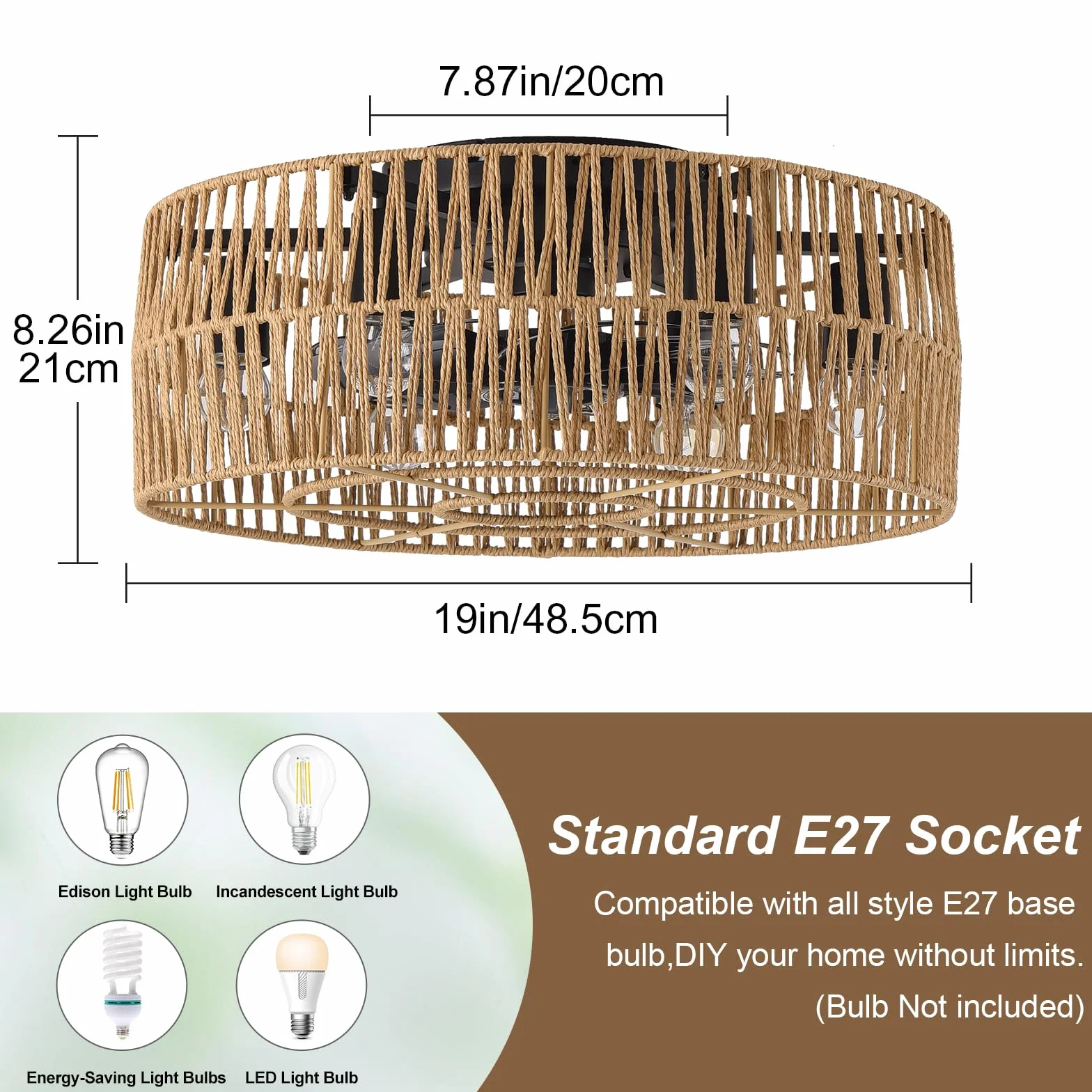 Ganeed Wentylatory sufitowe z oświetleniem Wentylator sufitowy w stylu industrialnym 48cm Boho Rattan Lampa w klatce E27 podtynkowa z pilotem 6 świateł czarny