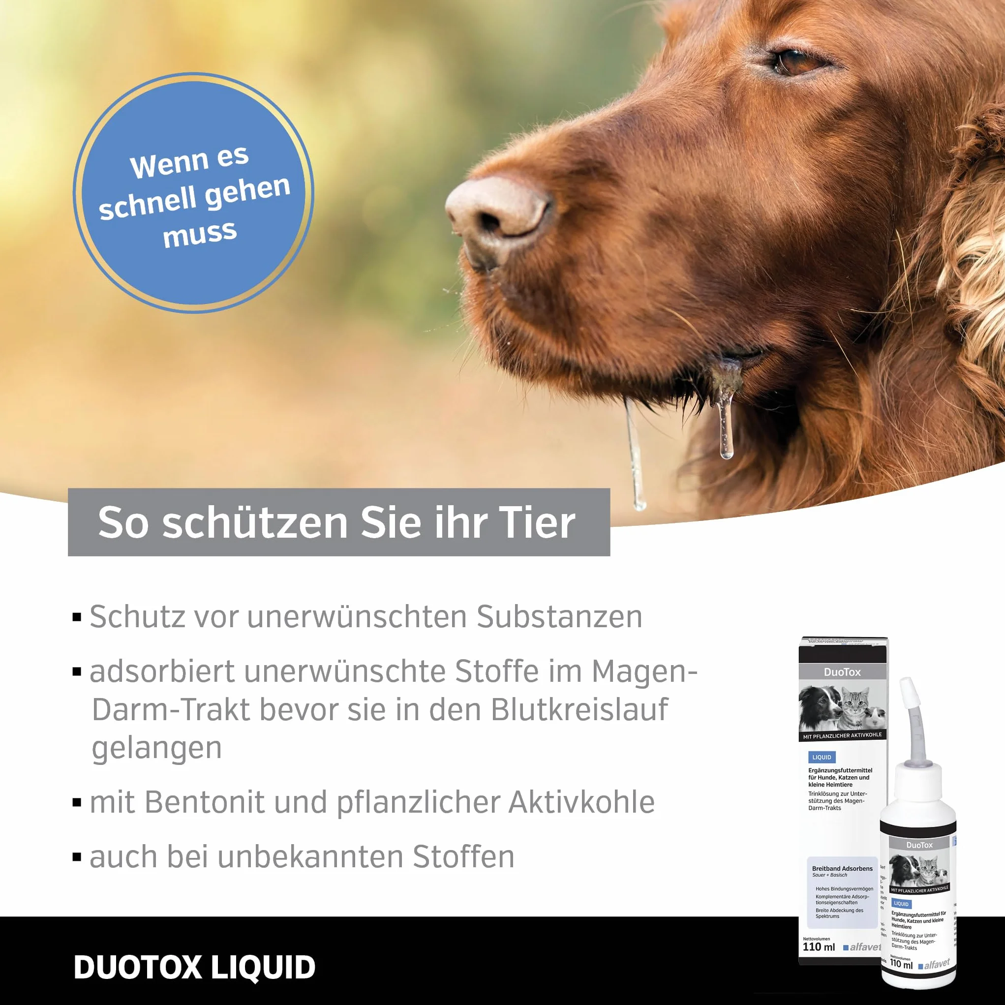 Alfavet DuoTox Liquid - ostra, suplement diety z węglem roślinnym i bentonitem, do wspomagania przewodu pokarmowego psów, kotów, małych zwierząt domowych, z nakładką aplikacyjną 110 ml