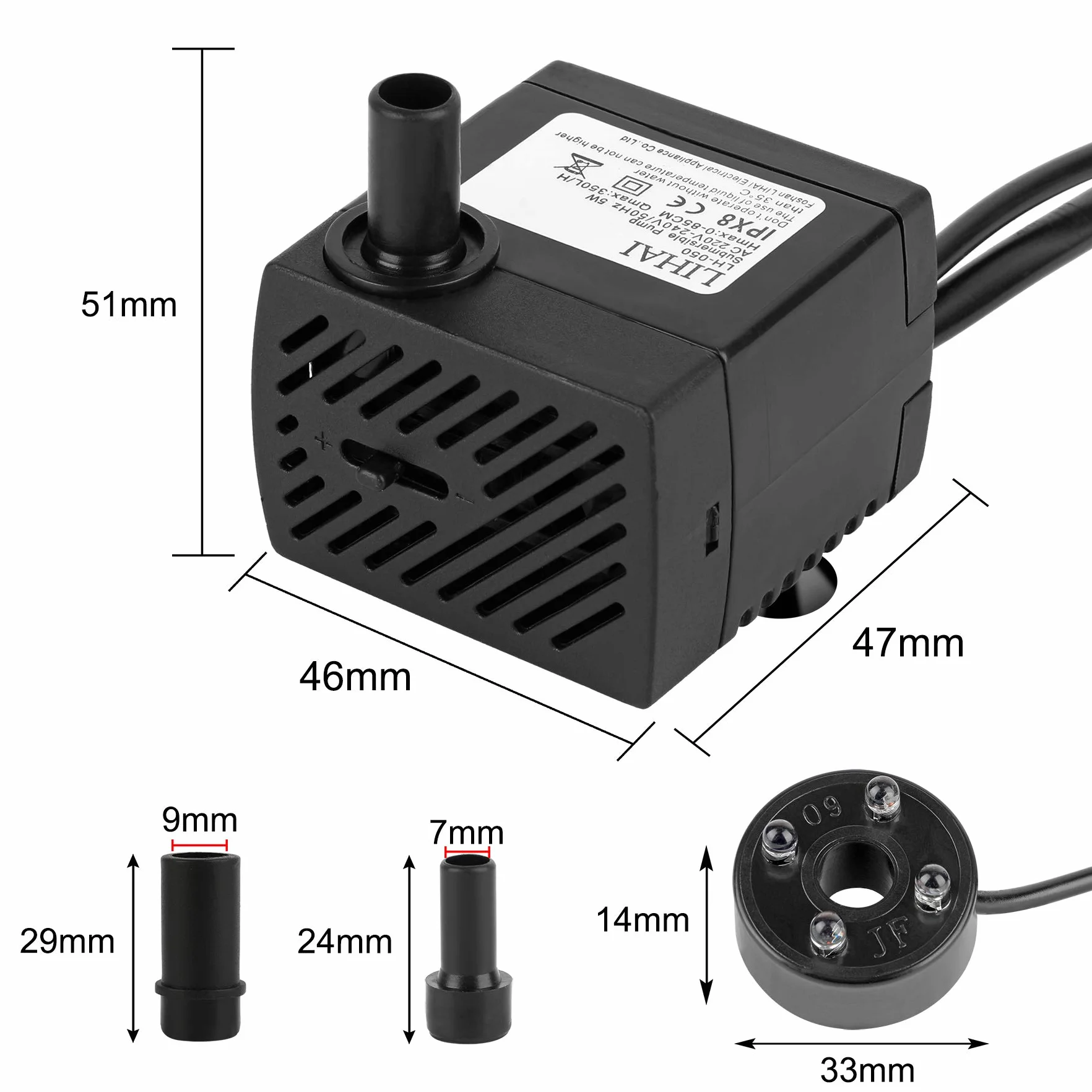 Mini pompa wodna z 4 diodami LED, 350 l/h, 3,5 W, do akwarium, pompa wodna do ogrodu, studni, ogrodu skalnego, pompa do akwarium, pompa zanurzeniowa, maks. wysokość tłoczenia 0,85 m