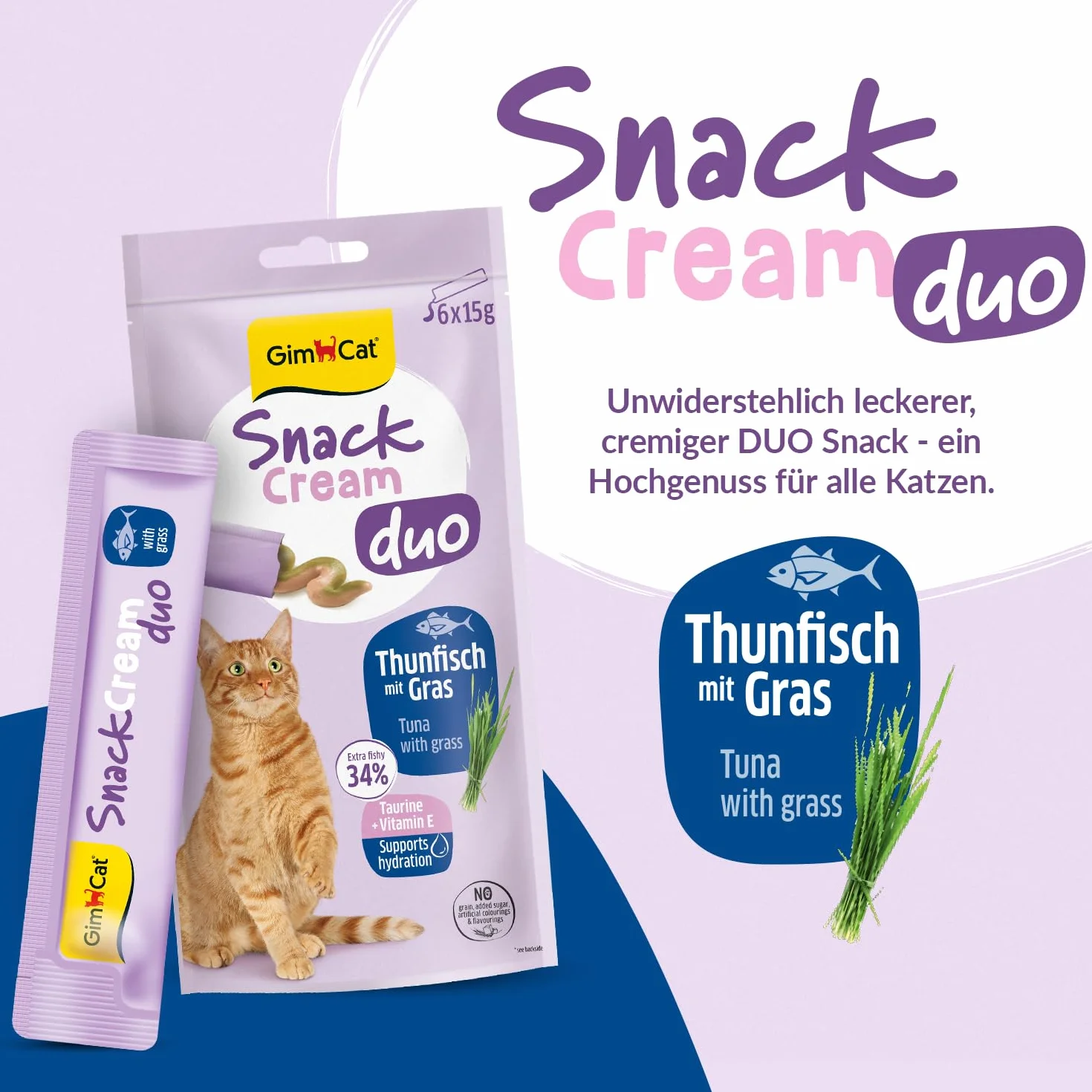 GimCat Snack Cream Duo Tuńczyk i trawa – pyszny krem na przekąski dla kotów w praktycznych, pojedynczo zapakowanych porcjach – 6 sztuk (6 x 15 g)