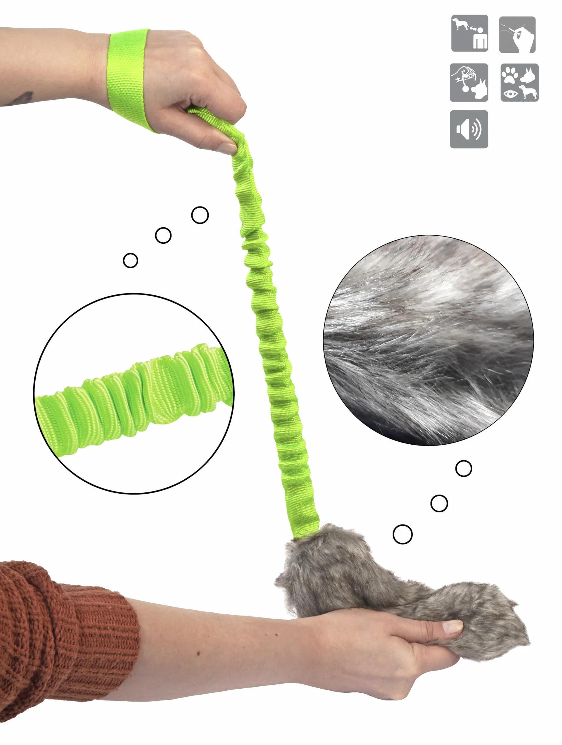 DINGO Zabawka dla psa ze sztucznego futerka na rączce bungee, szarpak z piszczałką 55 cm Zielony