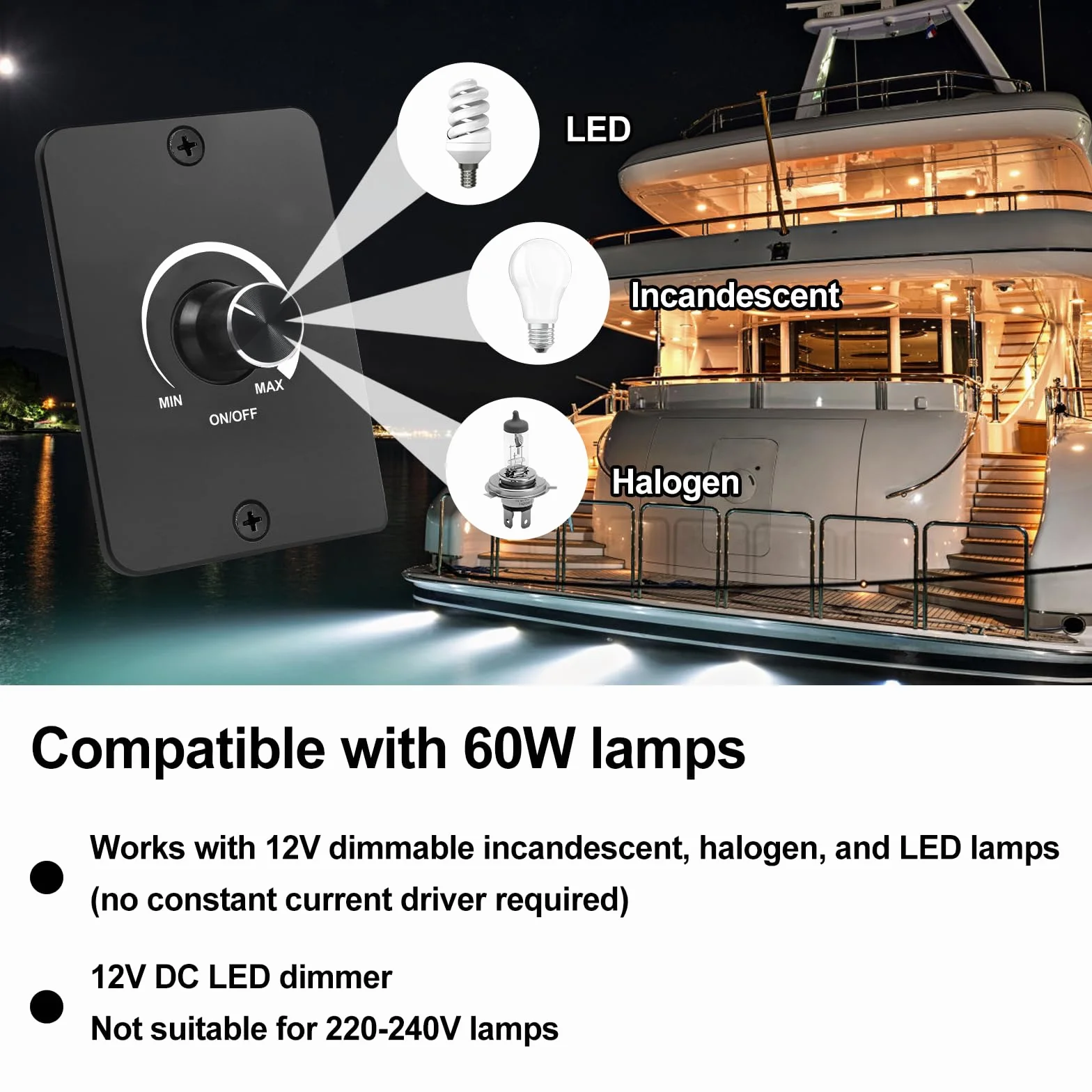 Ściemniacz LED 12 V, ściemniacz do lamp LED, ściemniacz LED PWM, 12 V, 5 A, 3 przewody, ściemniacz, bezstopniowe ściemnianie, do kamperów, łodzi, samochodów ciężarowych, przyczep kempingowych