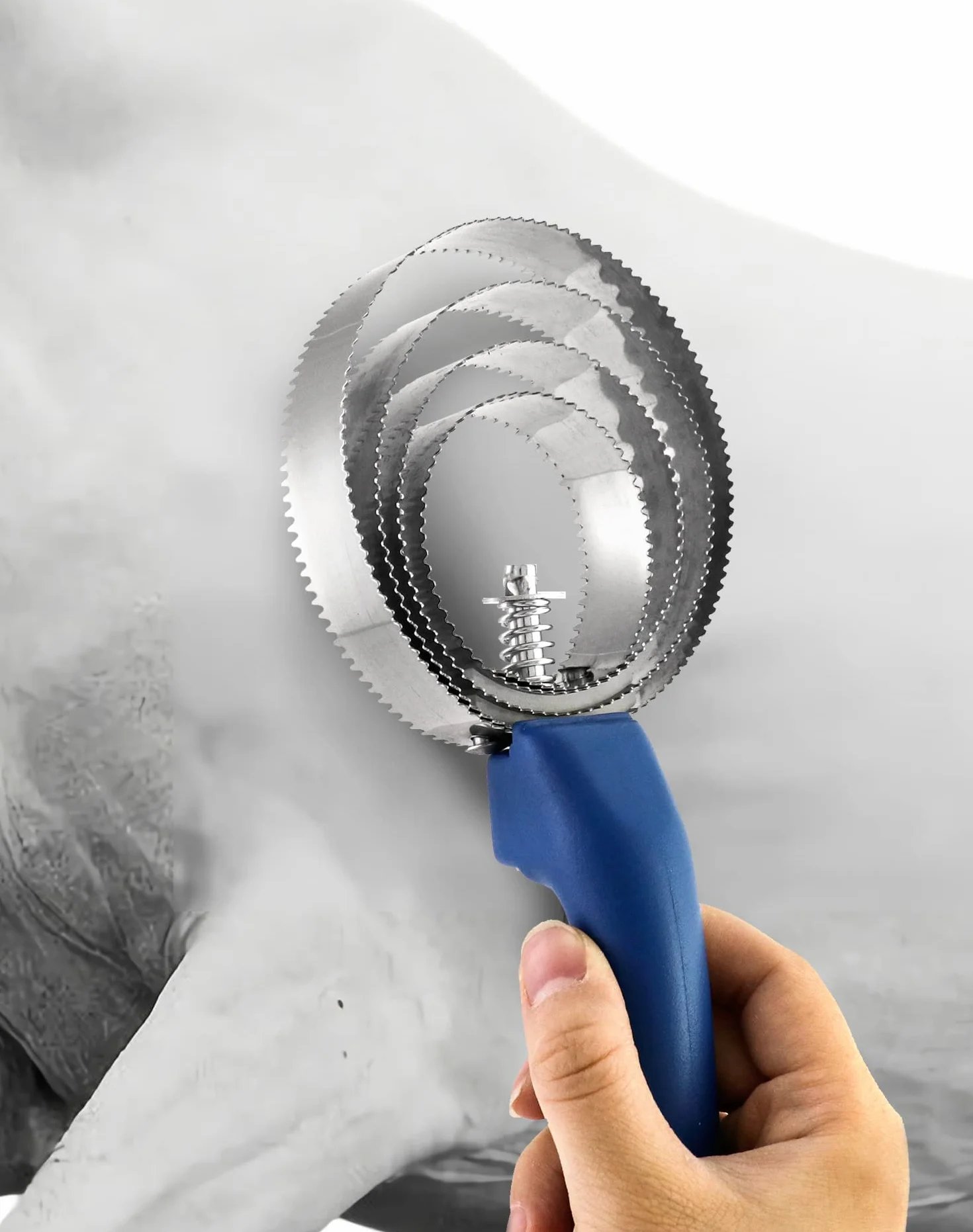 QWORK® Dwustronny grzebień do curry, szczotka dla koni, 4 pierścienie, z miękkim uchwytem