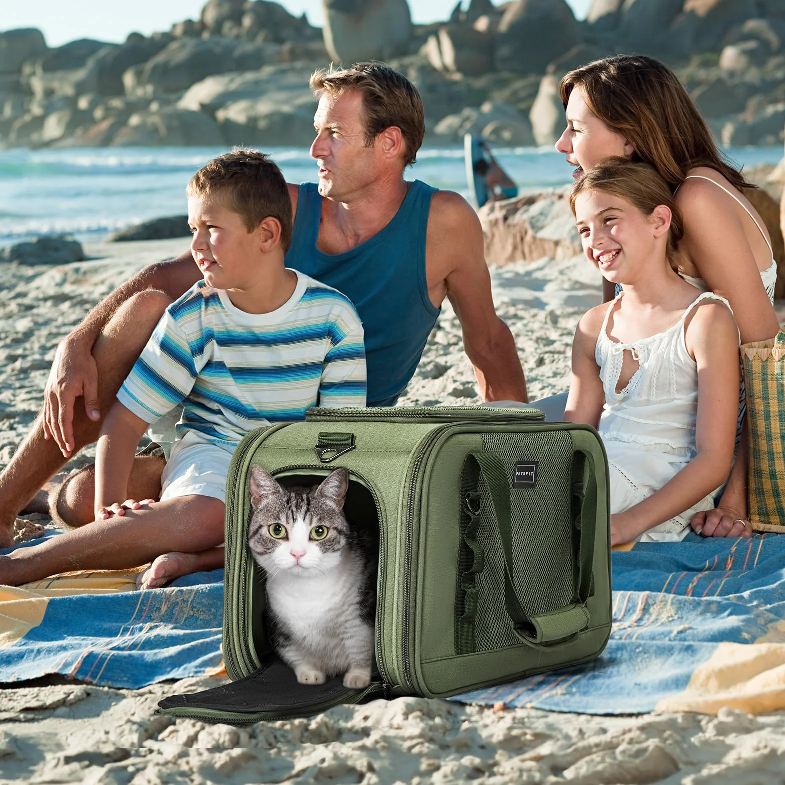 Petsfit Torba transportowa dla kota z kocem, stabilna i oddychająca, oliwkowa zieleń (49 x 23 x 28 cm)