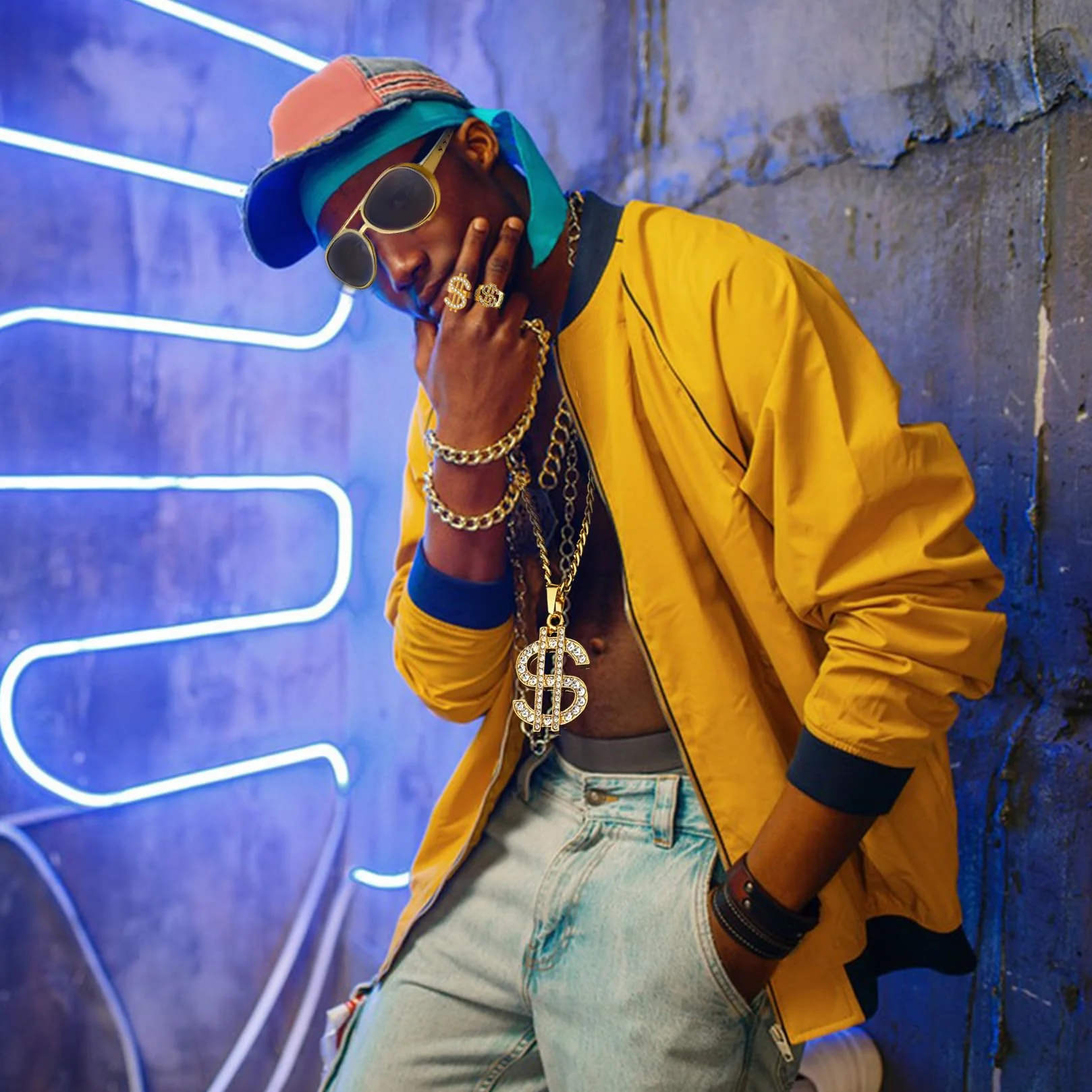 Kostium alfonsa 5 części Hip Hop Dollar Chain & Ring Shadow Wizard Money Gang Gold Chain Okulary przeciwsłoneczne 80s i 90s Strój męski Akcesoria Kostium karnawałowy