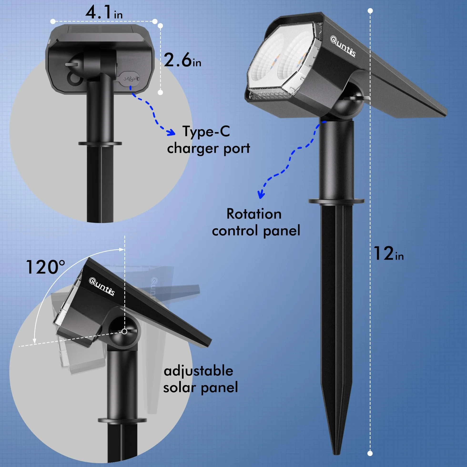 Zewnętrzny reflektor słoneczny Quntis 26LEDs zestaw 2, wodoodporna zewnętrzna lampa słoneczna IP65 z 3 kolorami i 6 trybami, kabel ładujący USB C Zewnętrzne światło słoneczne do dekoracji ogrodu