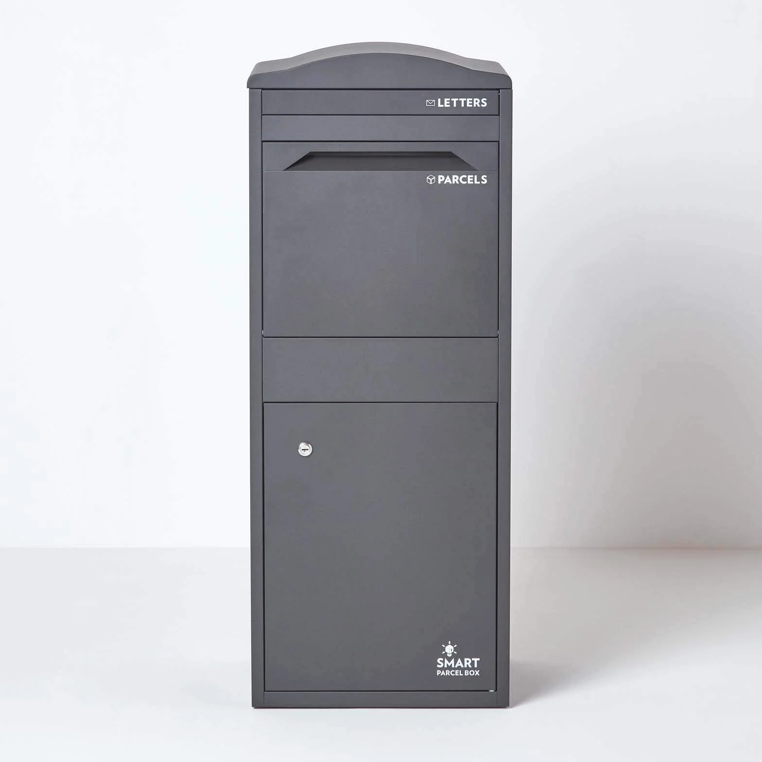 SMART PARCEL BOX Duża skrzynka na paczki na zewnątrz, odporna na warunki atmosferyczne, szara skrzynka dostawcza, zakrzywiona góra, bezpieczny dostęp z przodu, trwała stal ocynkowana, zamykana na