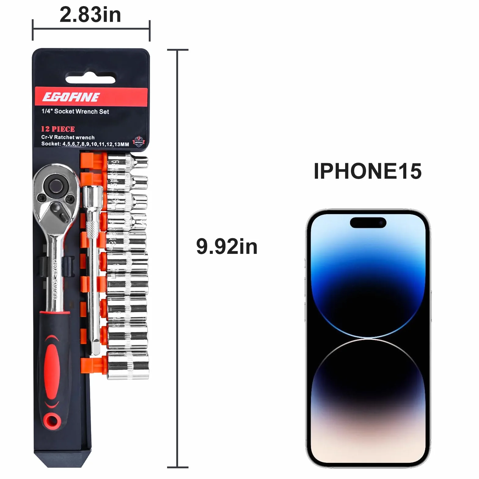 EGOFINE 12 x klucz grzechotkowy 1/4", 10 nasadek 4-13 mm, 2-drożny uchwyt z grzechotką i drążkiem przedłużającym