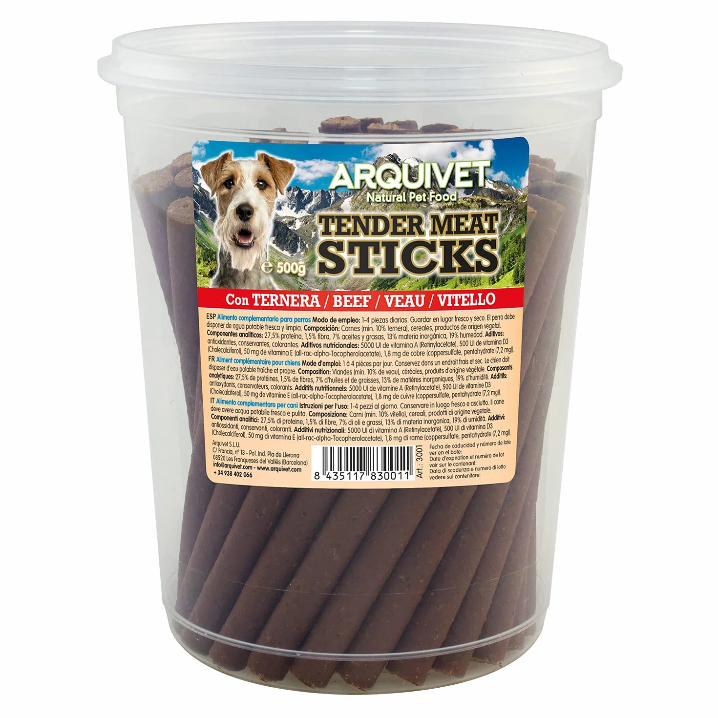 Arquivet, Tender Meat Sticks Cielęcina 500 g, miękkie paluszki dla psów, przekąski, nagrody, przysmaki, psich smakołyków, oczyszcza zęby i wzmacnia szczękę