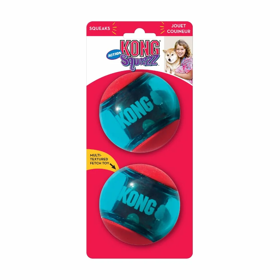 KONG Squeezz Action Ball Red Multi Textured piszczak interaktywna zabawka dla psów