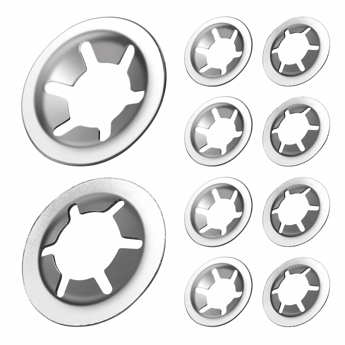 10 sztuk M10 Starlock podkładki zaciskowe, pierścienie zaciskowe ze stali nierdzewnej, pierścienie zabezpieczające, srebrne, podkładki zabezpieczające zęby