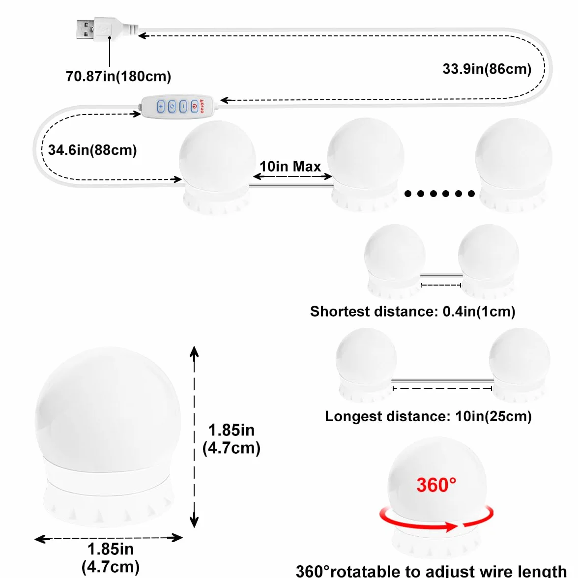 Lampki LED do Luster Kosmetycznych, Lampki Kosmetyczne z 10 Żarówkami z Regulacją Jasności, 3000K 4000K 9000K i 10 Poziomami Regulacji Jasności, do Makijażu, Garderoby, Łazienki