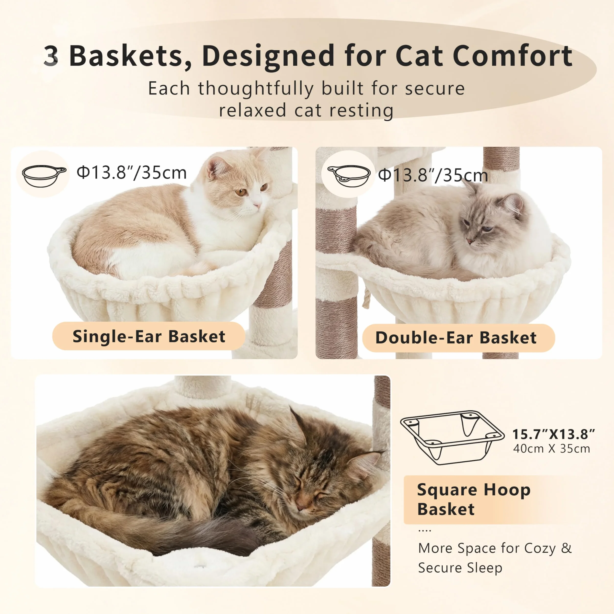 Heybly Drapak Kotów 190 cm XXL Przestronna Wysoka Wieża dla Kotów Zaprojektowana dla Dużych Kotów z Przestronną Górną Platformą Odpoczynkową 2 Domkami Hamakiem i Słupami z Sisalu, Beżowy HCT062MJ