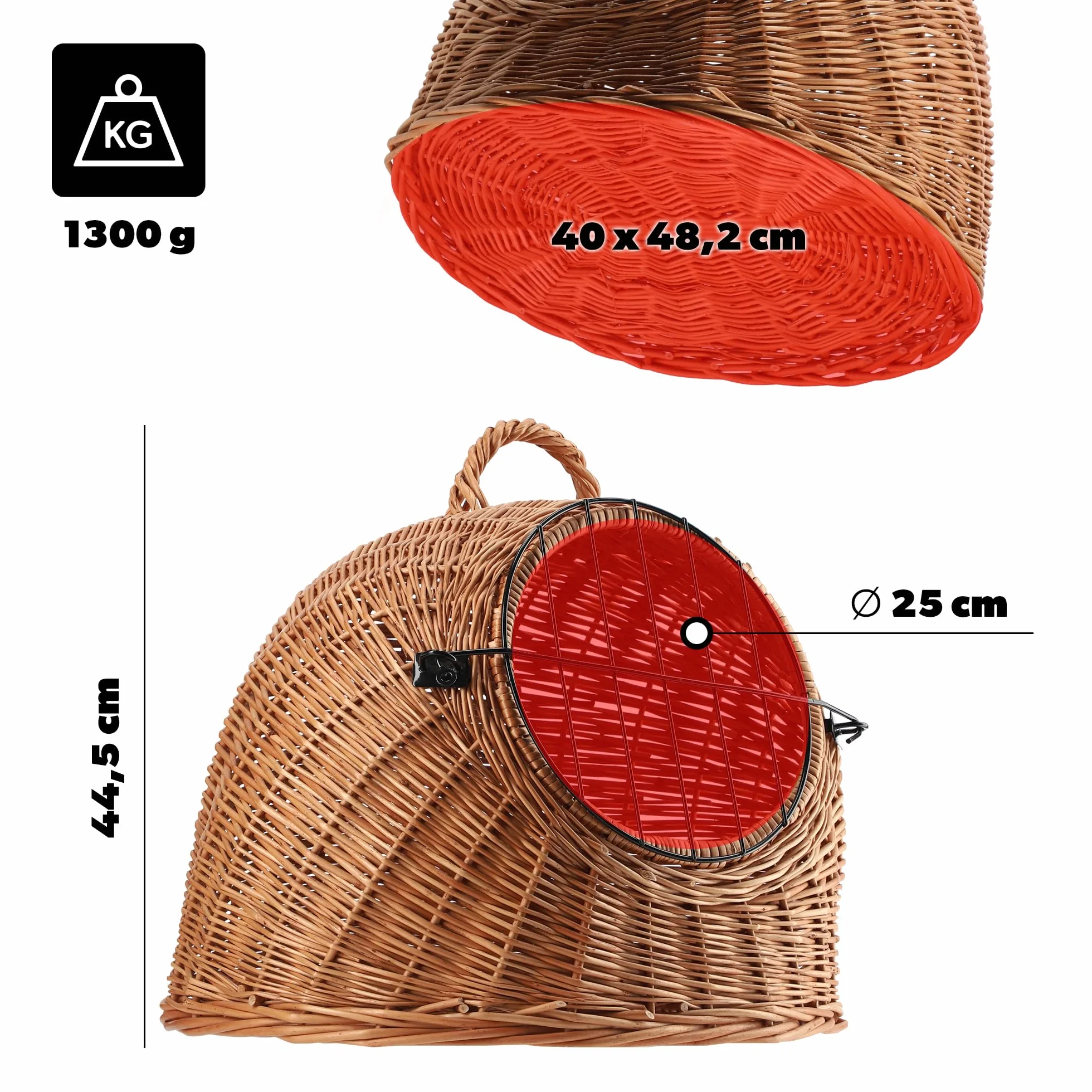 KADAX Transporter wiklinowy dla kota 40x49cm, drzwiczki z zamknięciem, wygodny uchwyt, bezpieczne przewożenie i odpoczynek małych zwierząt w domu i w podróży