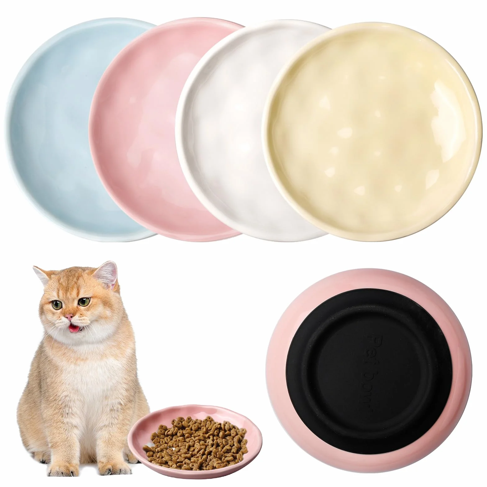 4 sztuki ceramicznych misek dla kotów, miska na karmę dla kota z antypoślizgowym silikonowym spodem, płaska miska dla kota, miski dla kotów, średnica 15 cm, miska dla kota, talerz dla kota dla kotów
