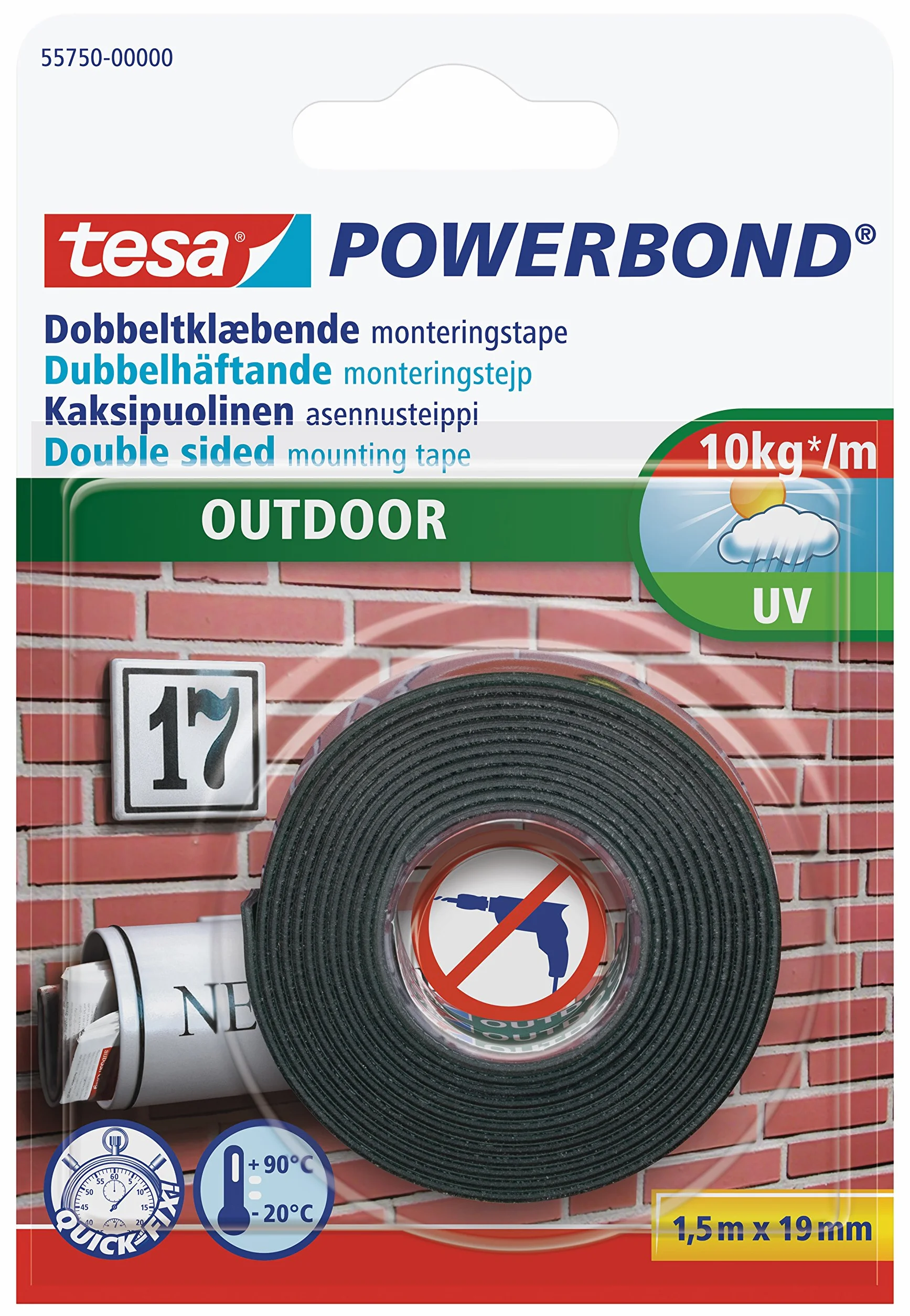 tesa Powerbond Outdoor, dwustronna taśma montażowa do użytku na zewnątrz, odporna na promieniowanie UV, wodę i temperaturę, nośność do 1 kg na taśmę 10 cm, 1,5 m x 19 mm