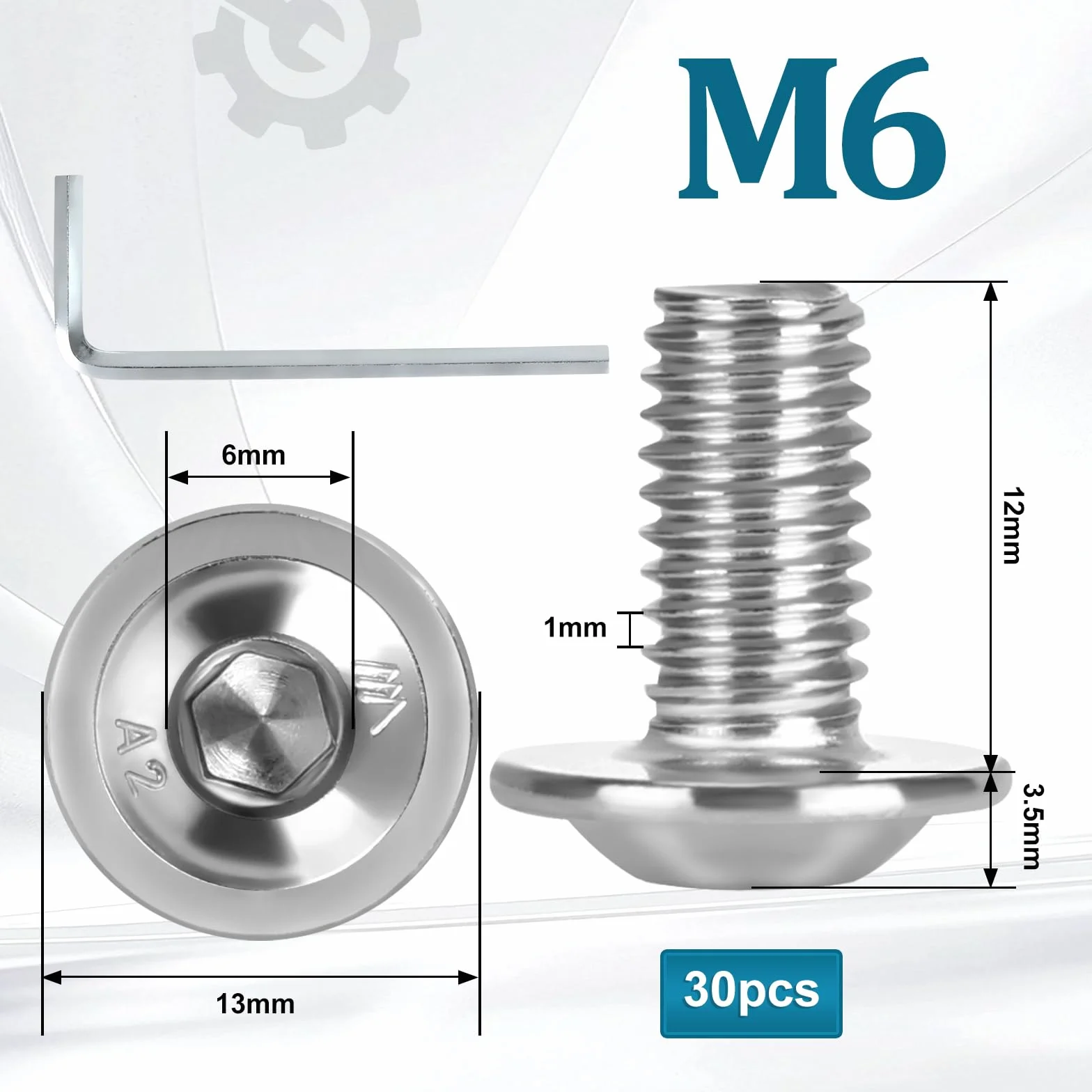 30 sztuk śrub ze stali nierdzewnej M6 x 12 mm, śruby ze stali nierdzewnej, śruby z łbem soczewkowym, sześciokątne, śruby M6 z kluczem imbusowym do montażu mebli, obszarów przemysłowych