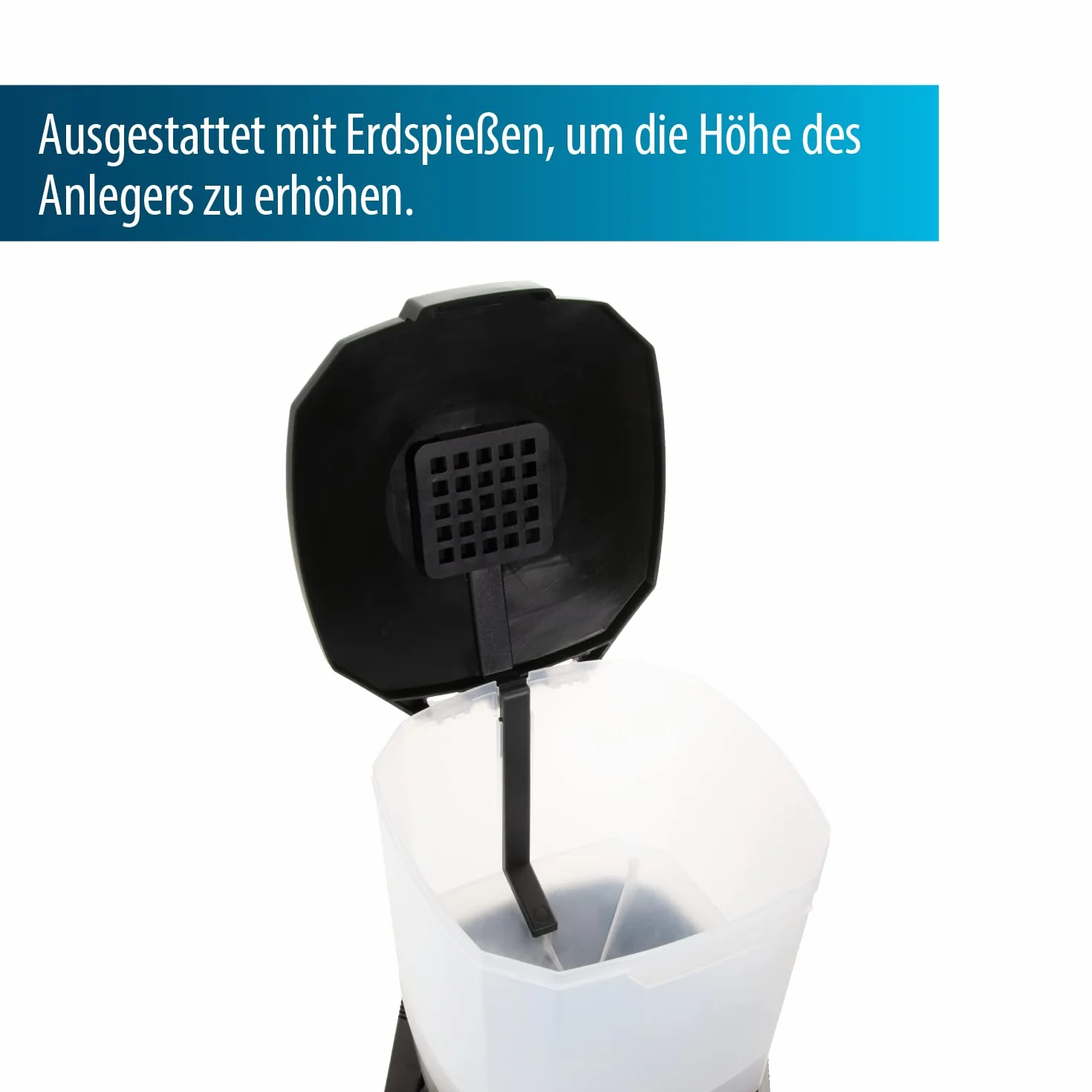 AquaForte Podajnik wędkarski 6 litrów solarny, 1-6 karmienia/dzień, czas karmienia do 20 s, rozmiar pelletu 3-10 mm, zakres wyrzutu ± 1, 2 lub 3 m, kąt dystrybucji: 120° poziomo, w zestawie panel