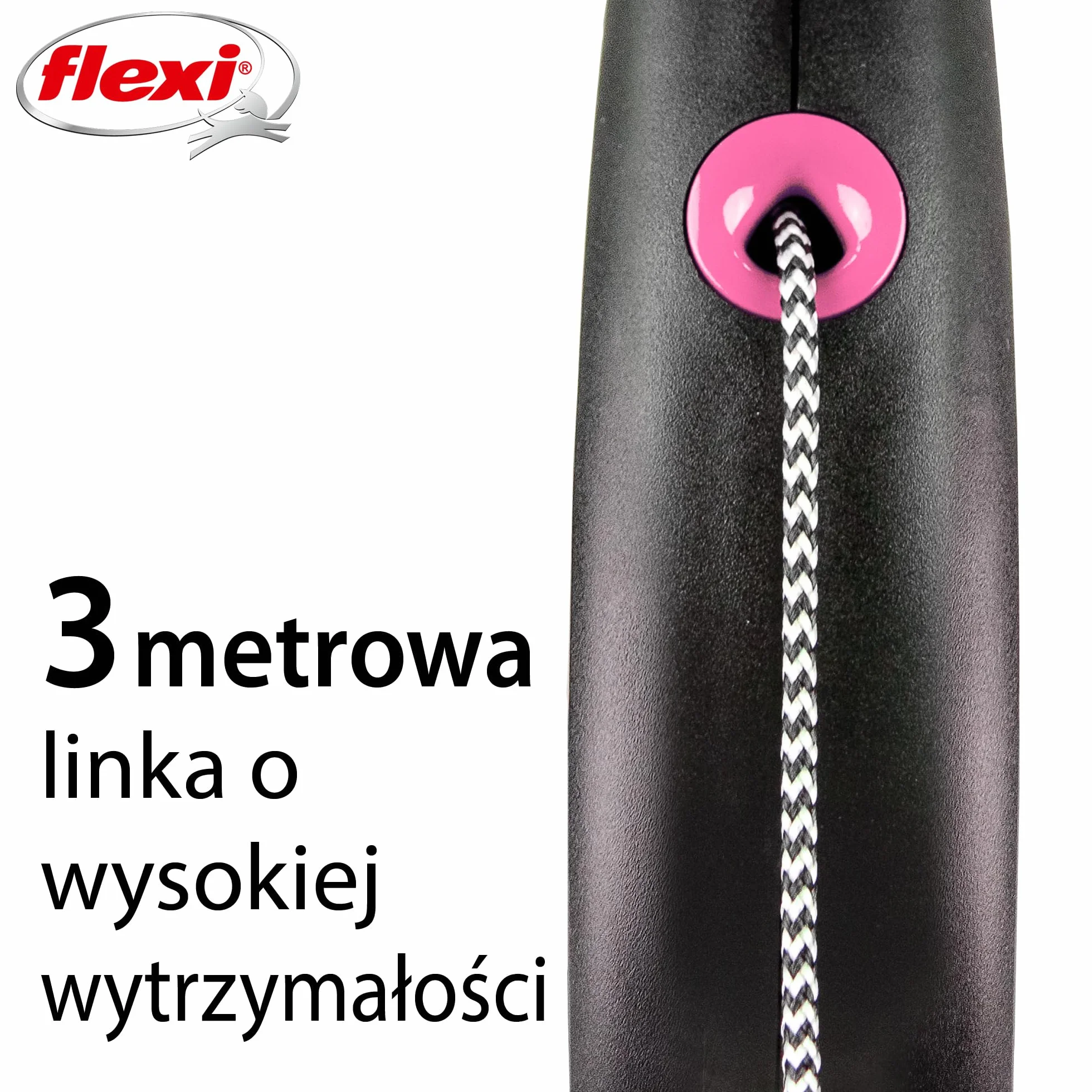 Flexi, model smyczy w kolorze czarnym, wersja ze sznurkiem, nowoczesny i ergonomiczny kształt, zaawansowany system prowadzenia, zwijana smycz, wyprodukowano w Niemczech, czarno-różowy, XS - 3m