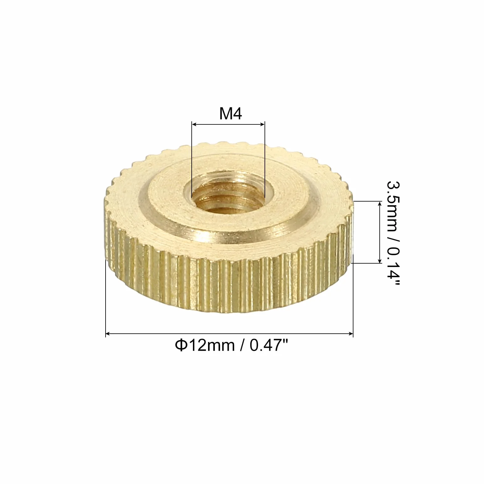 QUARKZMAN Radełkowane nakrętki na kciuki, 4 sztuki M4 x śr. 12 mm x wys. 3,5 mm, mosiężne nakrętki radełkowane z wysoką głowicą, elementy mocujące do części drukarki 3D, narzędzi maszynowych