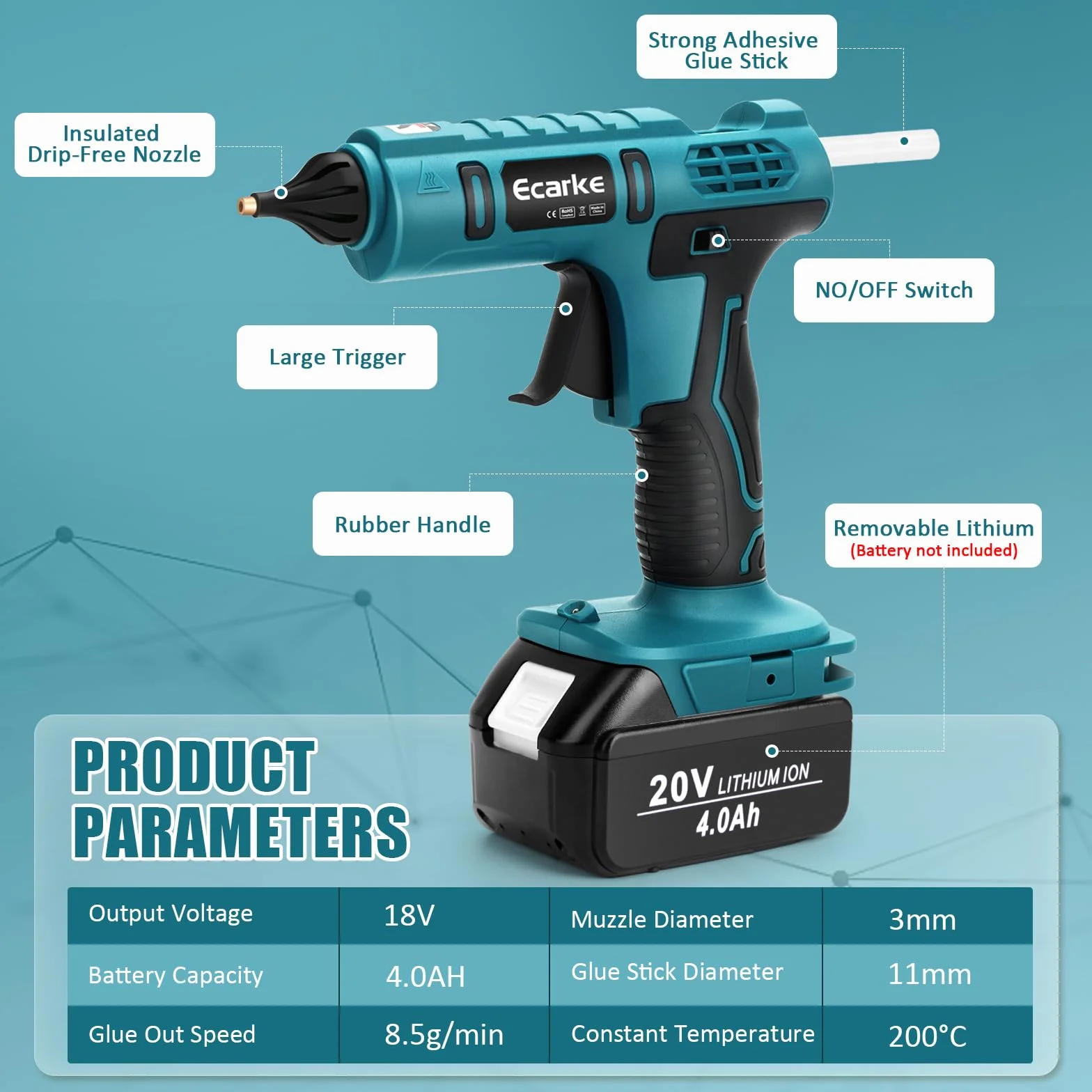 Ecarke Bezprzewodowy pistolet do kleju Ma Kita 18 V bateria litowa bezprzewodowy pistolet do klejenia Hot Sol idealny do naprawy rzemiosła DIY (z 20 szt. patyczków klejowych 11 mm)
