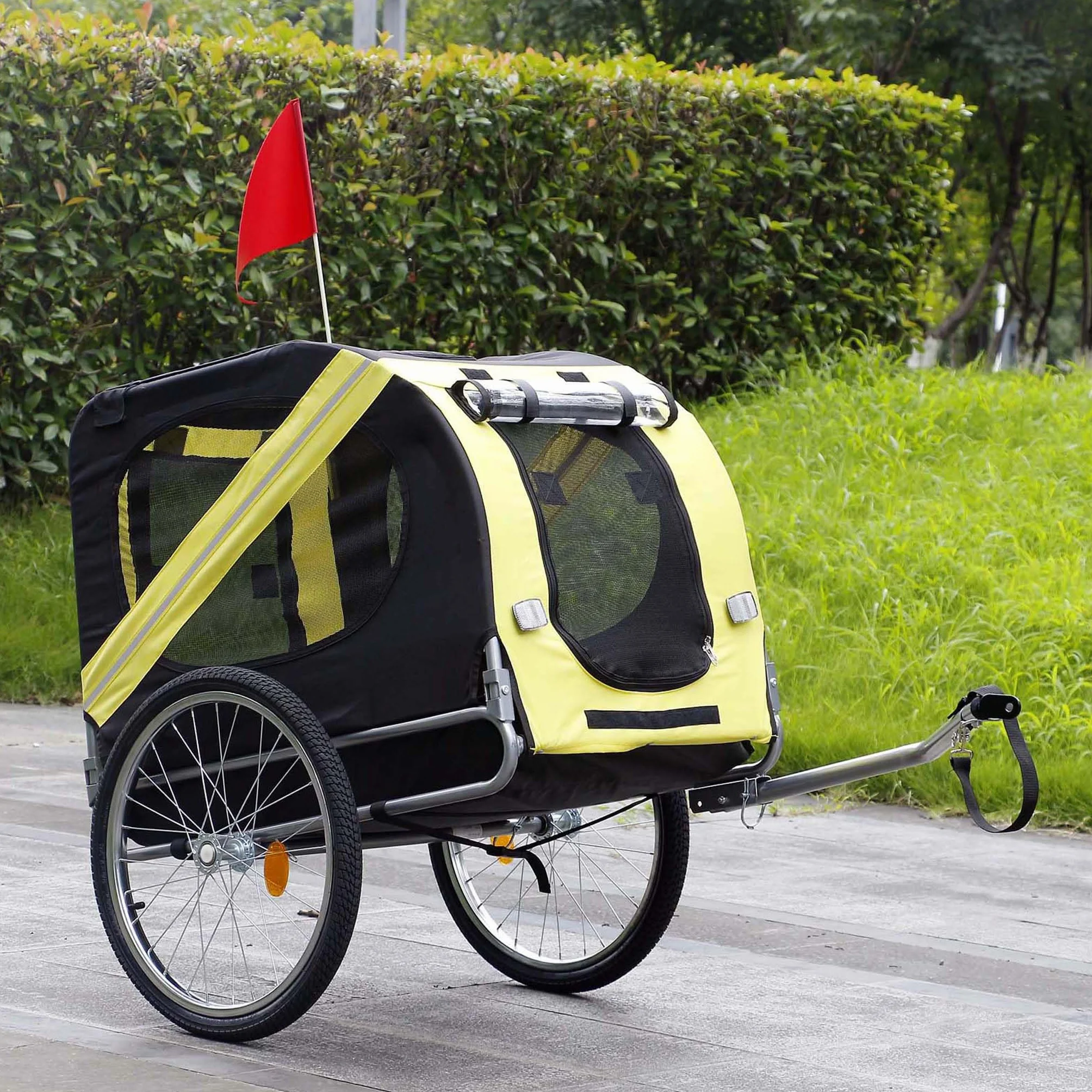Przyczepka rowerowa dla psa z zaczepem obrotowym siatką i osłoną przeciwdeszczową czarno żółta