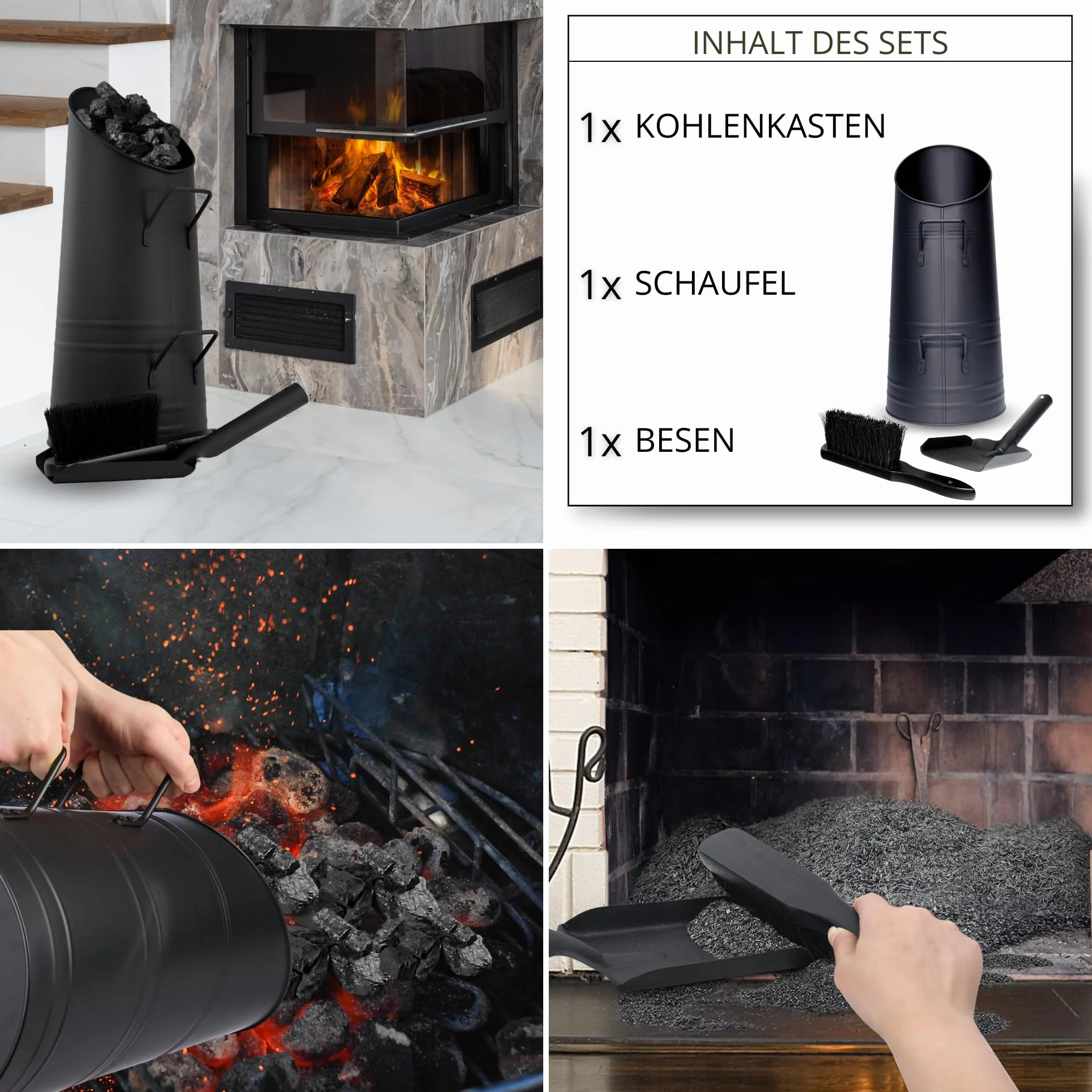 Kosz na popiół metalowy 50x23x23 cm z łopatą i miotłą do pieca kominkowego