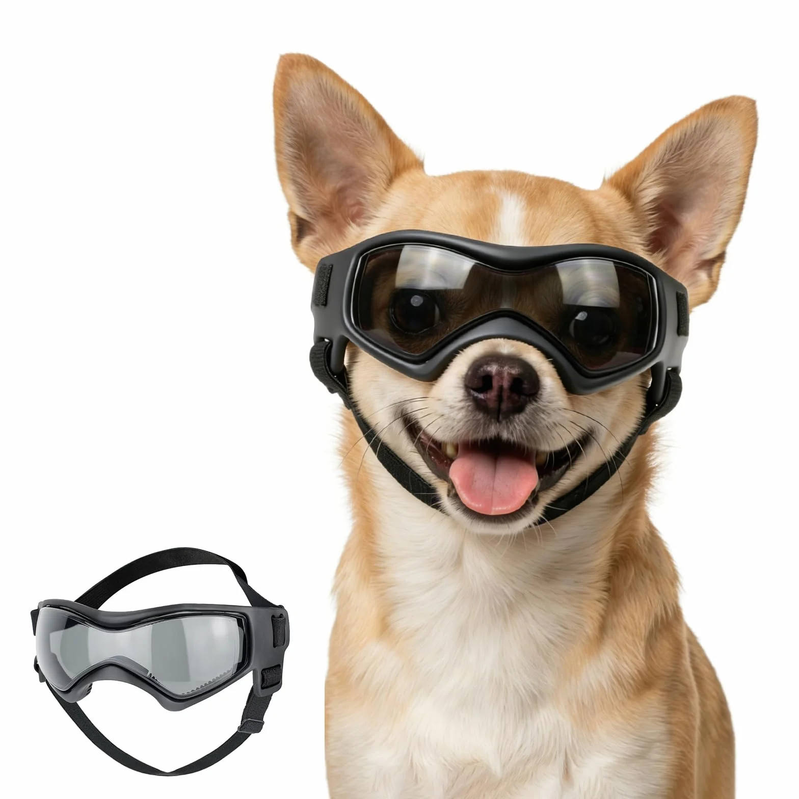 Namsan Okulary dla bardzo małych psów, ochrona przed promieniowaniem UV, okulary przeciwsłoneczne z regulowanymi paskami, okulary motocyklowe dla małych psów, czarne