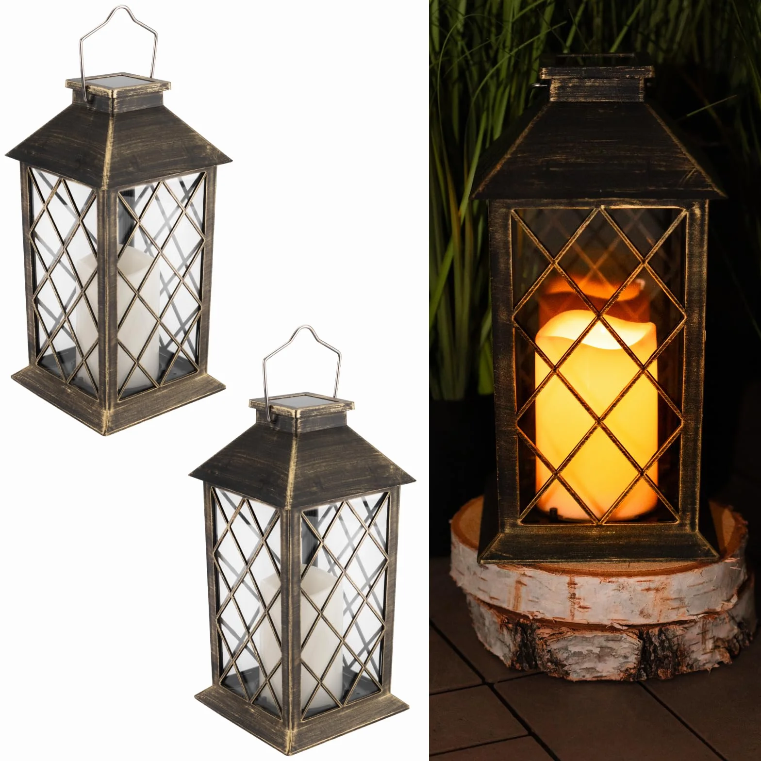 Lumiled 2x latarnia solarna na zewnątrz, latarnie solarne LED ze szkła z efektem migającej świeczki, latarnia solarna z efektem świeczki IP44, vintage patyna, wisząca, dekoracyjne światło, latarnia