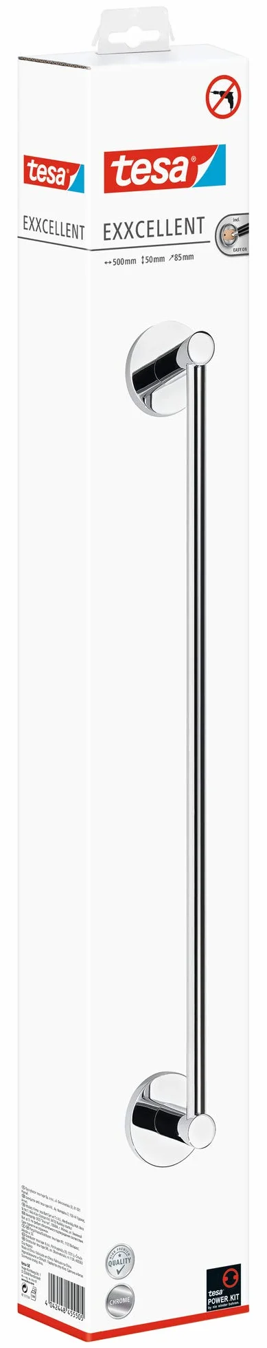 tesa EXXCELLENT wieszak na ręczniki – metalowy reling na ręcznik do łazienki – samoprzylepny montaż – chromowany metal – design – 50 mm x 630 mm x 73 mm