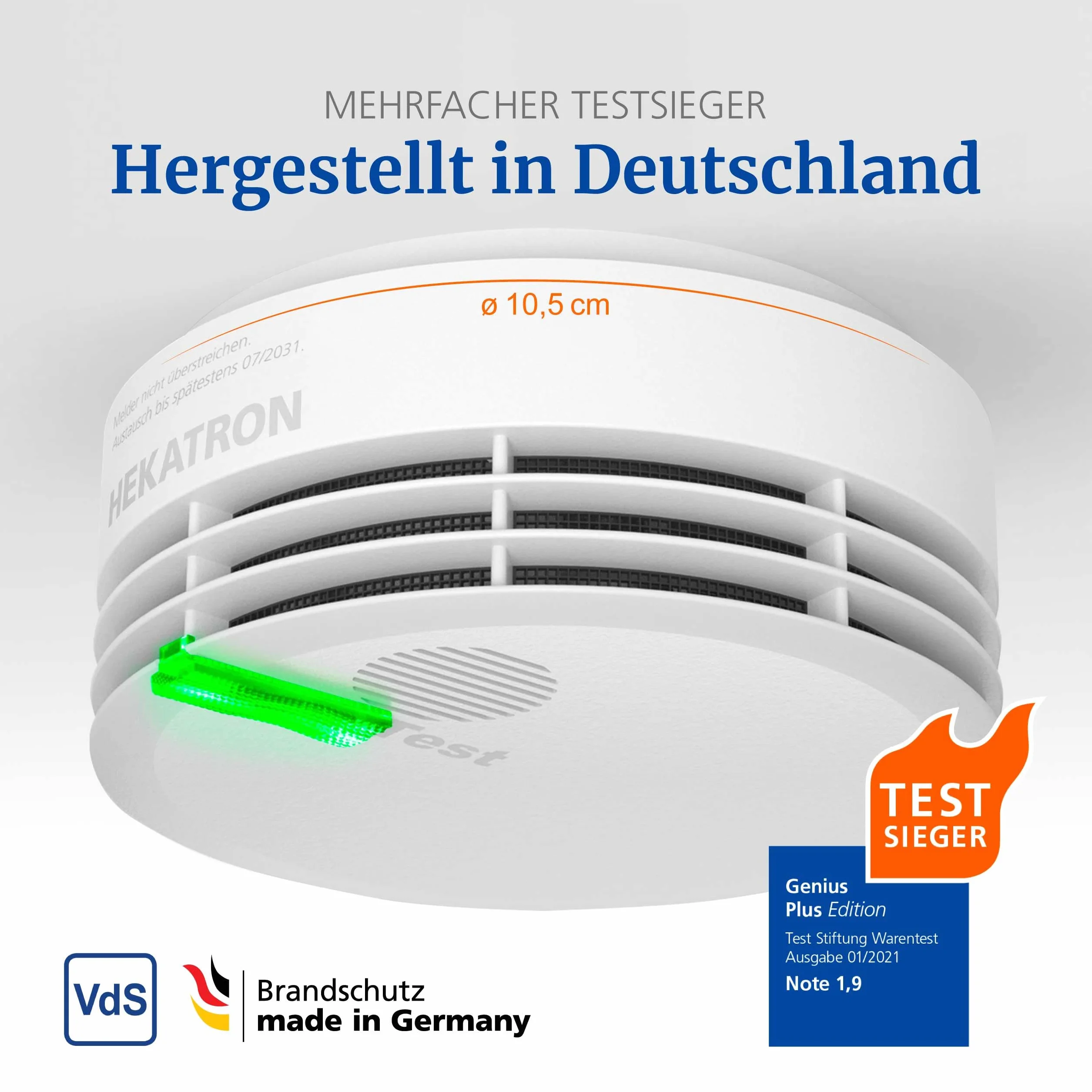Hekatron Rauchmelder Genius Plus Edition 2021 – 10 Jahre Batterie – Testsieger Stiftung Warentest – inkl. 1 x Klebepad – App-unterstützt – Rauchwarnmelder – mehrsprachig, Amazon Exclusive - 1 Stück
