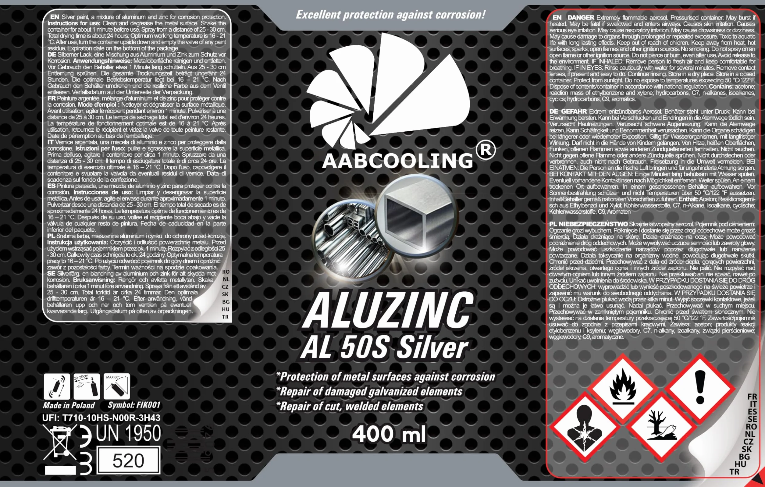 AABCOOLING Farba do Metalu w Sprayu Alucynk AL 50S Srebrny 400ml Antykorozyjna