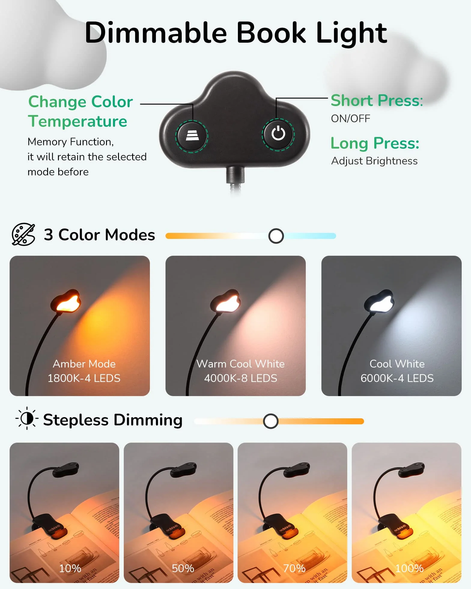 EDISHINE Lampa do czytania z 8 diodami LED USB z możliwością ładowania 360°, elastyczna szyja łabędzia, 3 temperatury barwowe i ciągłe ściemnianie, ochrona oczu, lampa zaciskowa do czytania w łóżku,