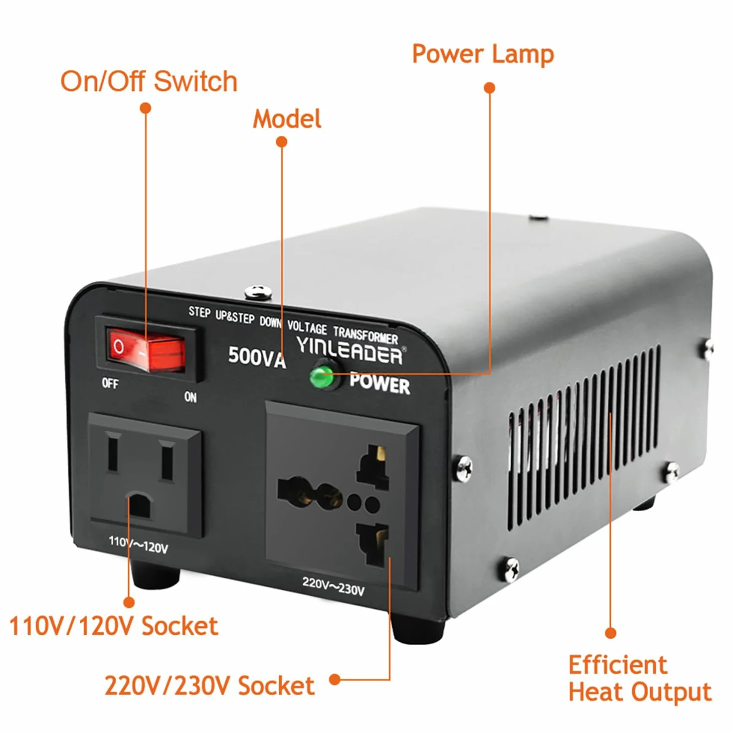 Yinleader Amerykański przetwornica napięcia 500 W, 230 V, 110 V, 500 VA, wejście: 110 V lub 220 V / Wyjście: 110 V i 220 V