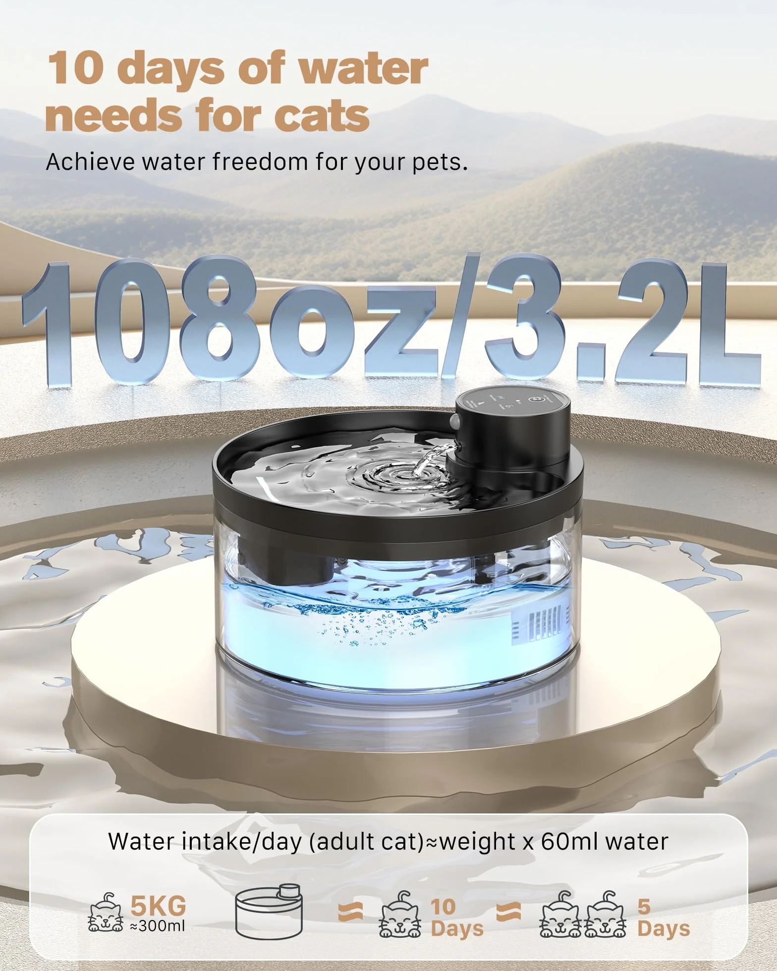 Cat Fountain Wireless z 6 filtrami węglowymi + 3 gąbkami, zasilanie bateryjne, 3,2 l, fontanna dla kotów, fontanna dla kotów z czujnikiem ruchu, pojemność baterii 4200 mAh