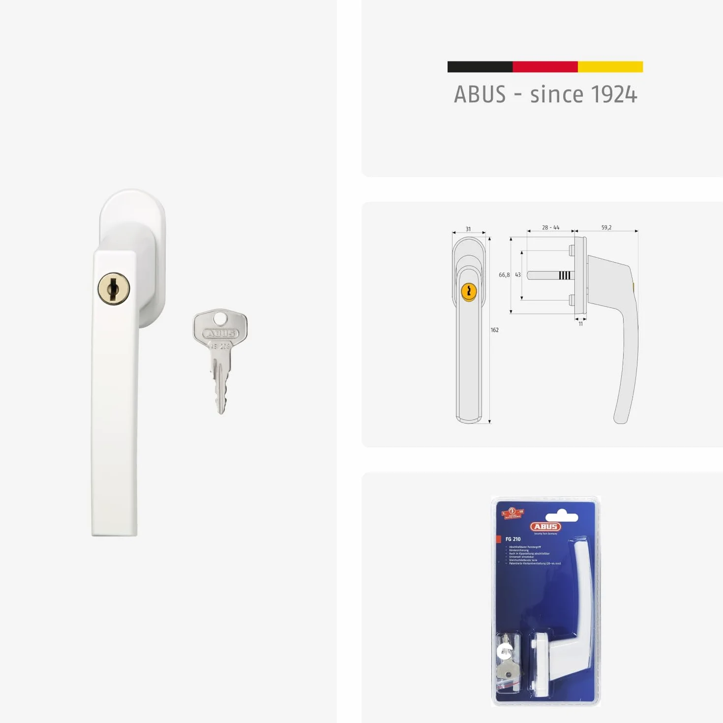ABUS Zamykana klamka okienna FG210 AB210 – gałka okienna z cylindrem ciśnieniowym, równocześnie zamykająca – poziom bezpieczeństwa 3 – 59487 – biała