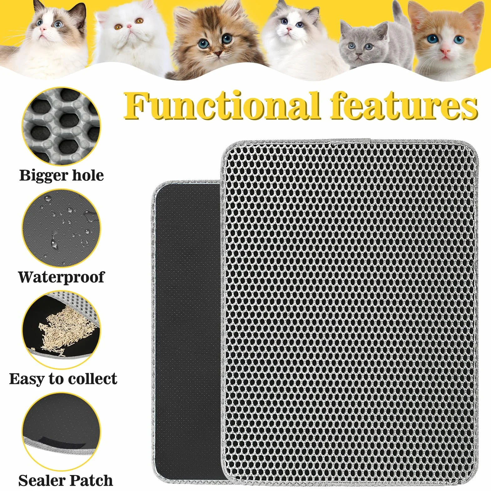 Katzenklo Matte 60x45 CM mit Klettverschluss und Großes Loch Design, Katzenstreu Matte Doppelte Wasserdichte und Rutschfeste, Katzenmatte Katzenklo Ungiftiges Material, Cat Litter Mat Grau