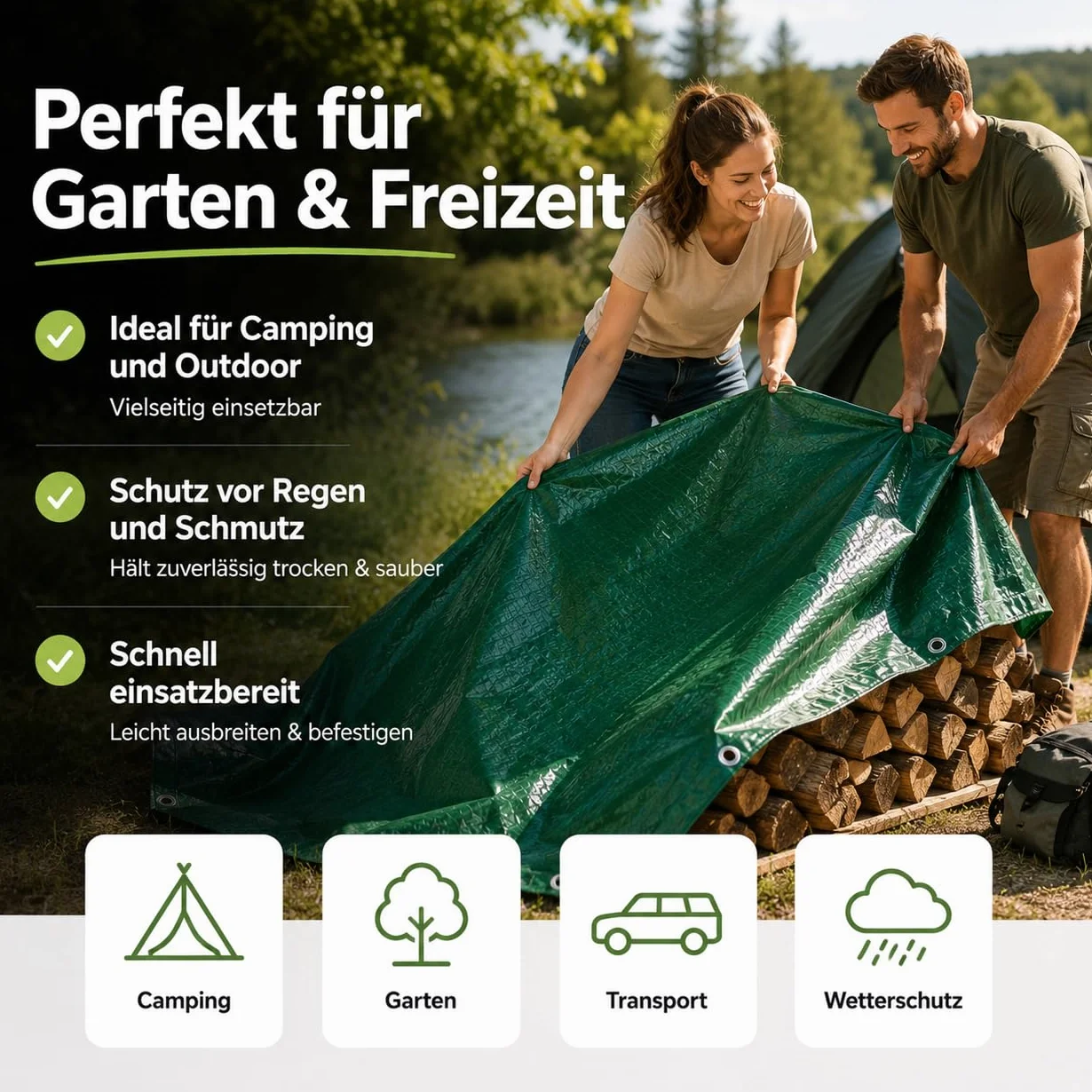 Plandeka ochronna i ogrodowa 3 x 3 m, 150 g/m², zielona – uniwersalna plandeka do kempingu i ogrodu
