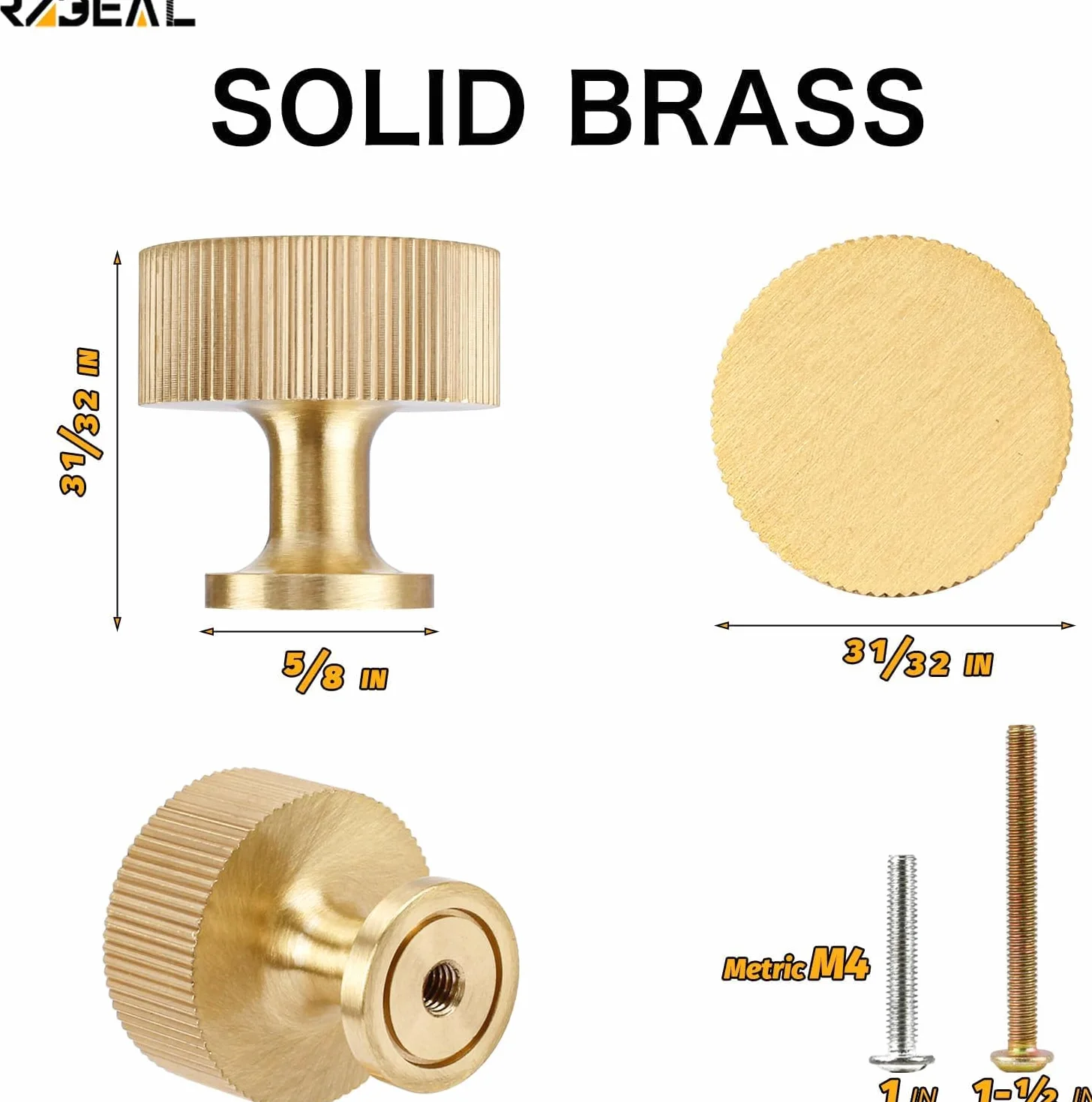 RZDEAL Zestaw 2 solidnych mosiężnych gałek do szafek, szuflad i komód w kolorze złotym, nowoczesne uchwyty o wymiarach 2,5 × 2,5 cm, wykończenie szczotkowany mosiądz