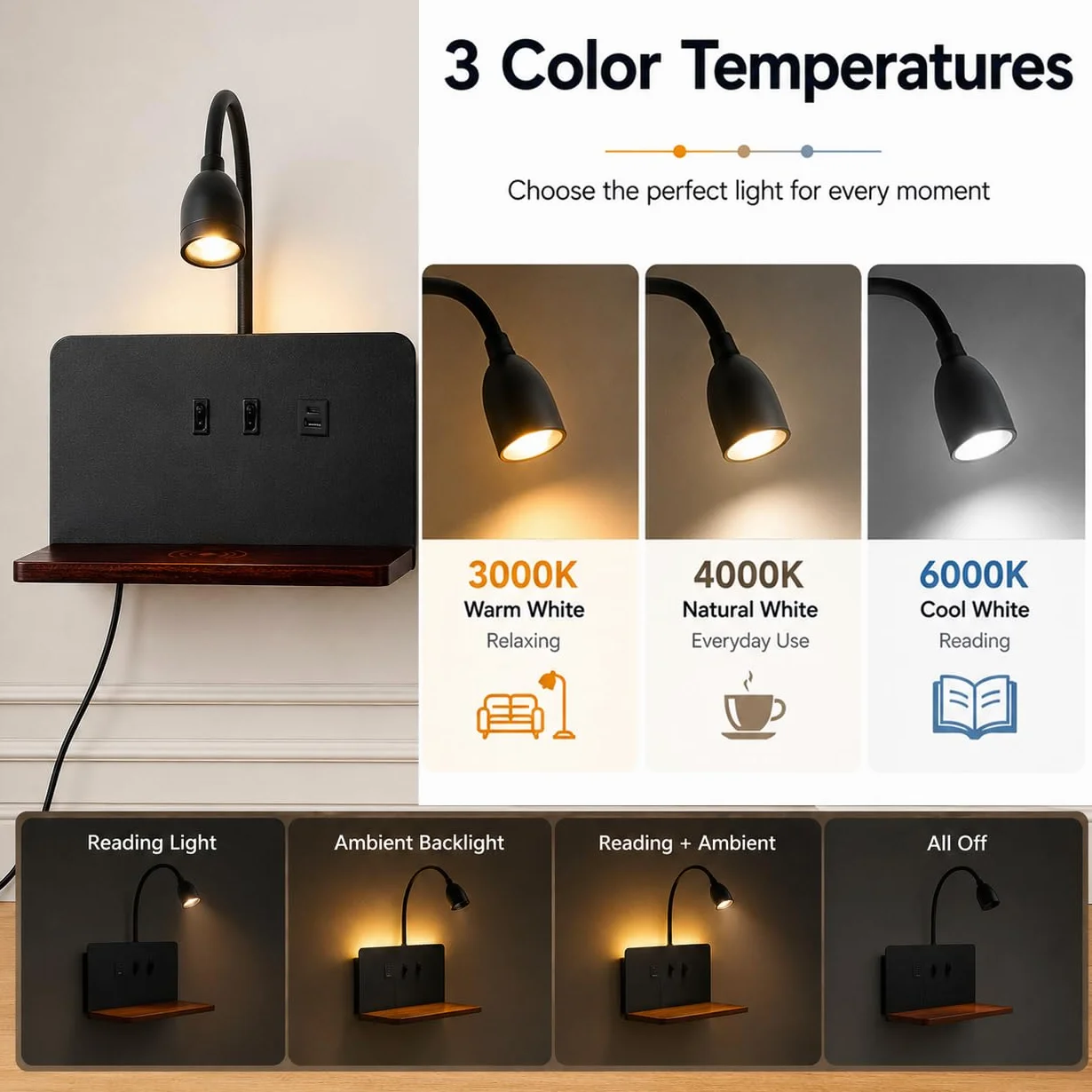 lampa ścienna LED do wnętrz z wtyczką, lampa ścienna do sypialni z portami USB i bezprzewodową ładowarką, regulowana i elastyczna lampa do czytania z gęsią szyją, lampka nocna 3000 K z podświetleniem