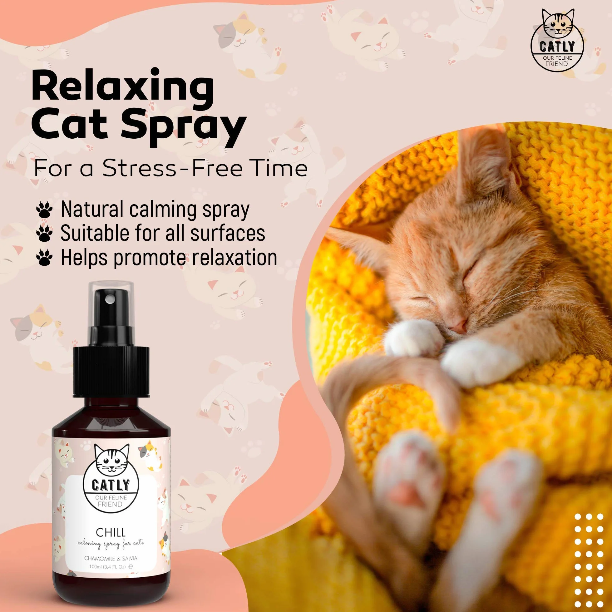Catly Spray uspokajający dla kotów, 100ml - kocimiętka w sprayu, działanie antystresowe - spray relaksujący dla kotów, idealny w podróży