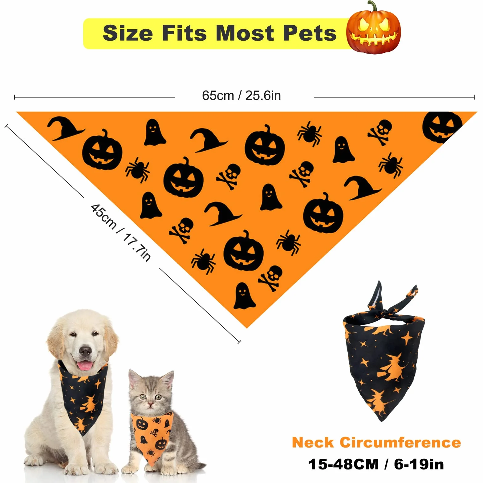 Bandany dla psa na Halloween, 2 szt. zmywalnych halloweenowych czarownic wzór dyni szalik dla psa, regulowana trójkątna chusta dla kota psa, akcesoria do kostiumu dla szczeniaka małych i średnich dużych psów