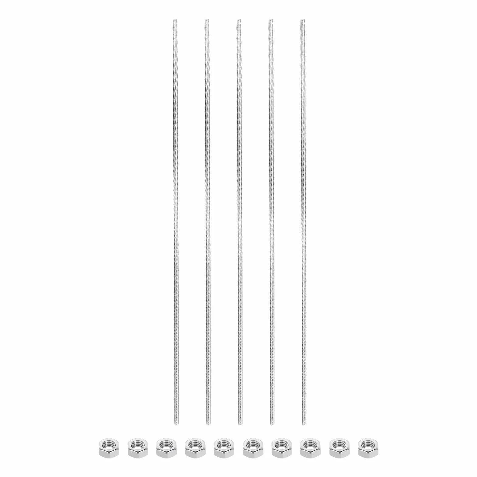QUARKZMAN Zestaw 5 prętów gwintowanych M3 x 100 mm, 10 sztuk nakrętek sześciokątnych, skok gwintu 1,25 mm, stal nierdzewna 304, gwint prawy, trzpień prętowy